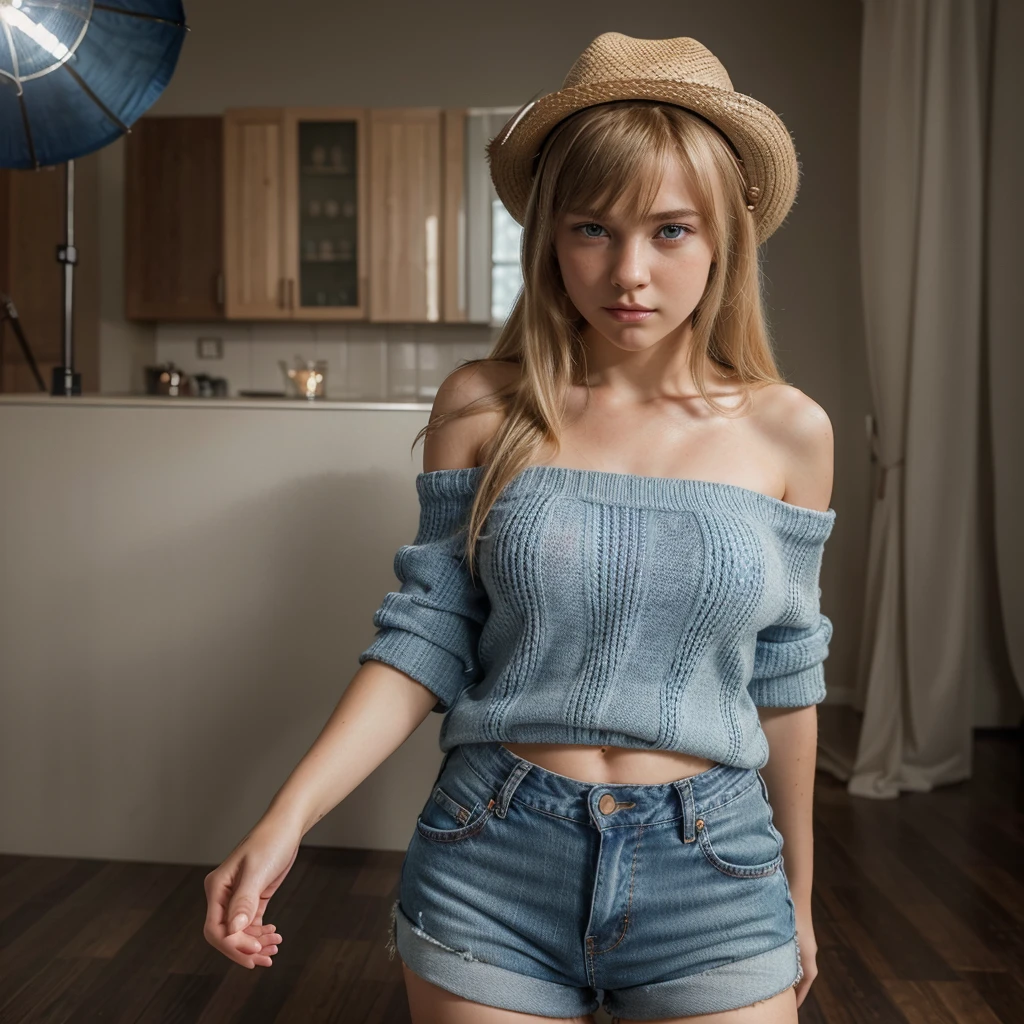 1girl, cute blonde girl, hair bangs, off shoulder brown checkered knit, jeans shorts, blue eyes, ultra realistic soft skin, extreme detail, high masterpiece, 8k, photography, studio light, ultra realistic lighting, high realistic ray tracing, RAW photo, photo studio, perfect detailed cute face, perfect age details, cowboy hat