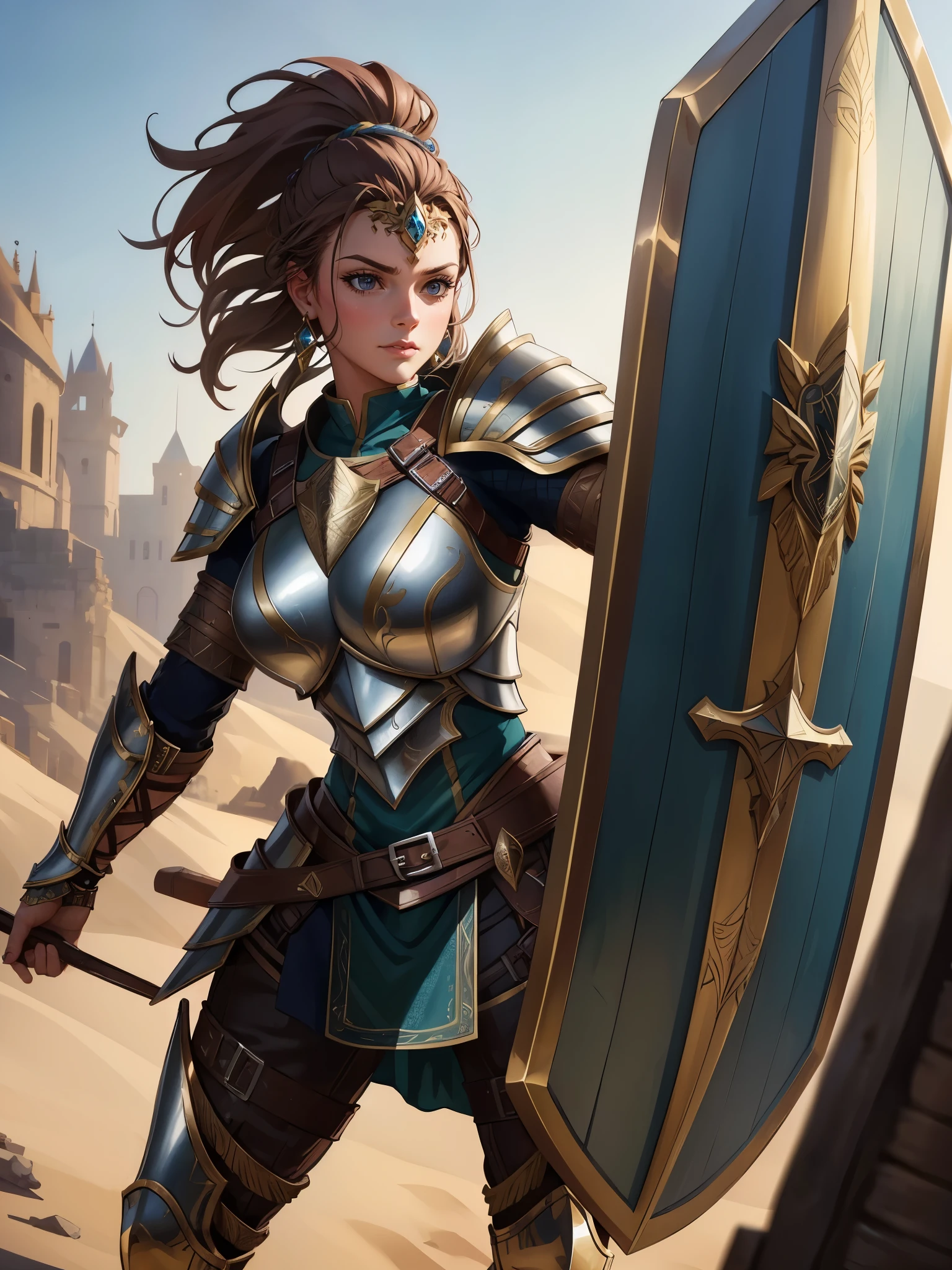 (best quality,4k,8k,highres,masterpiece:1.2),ultra-detailed, portrait, female warrior, shield