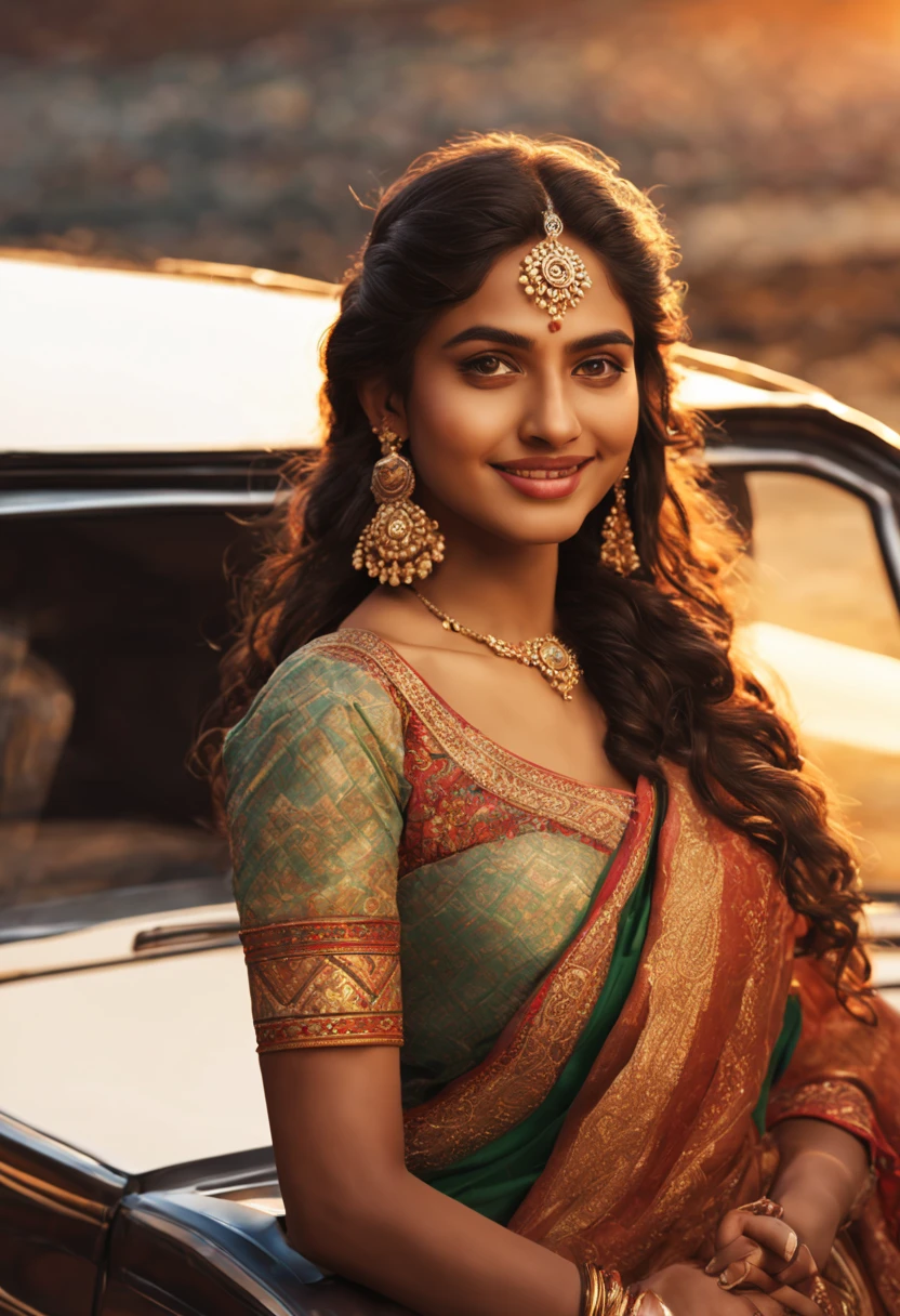 masterpiece, young Beautiful Indian girl, Brown complexion, 18-year-old, She is inside a car , Golden hour, realistic skin, ultra HD photo, happy girl, Wearing a Indian Saree, full body picture, pose with a flawless complexion, top-notch 3D rendering, hyper-realistic. 8k HD high definition detailed realistic, detailed, skin texture, hyper-detailed, realistic skin high resolution, detailed, raw photo, 400 camera f1.6 lens rich colors hyper-realistic lifelike texture