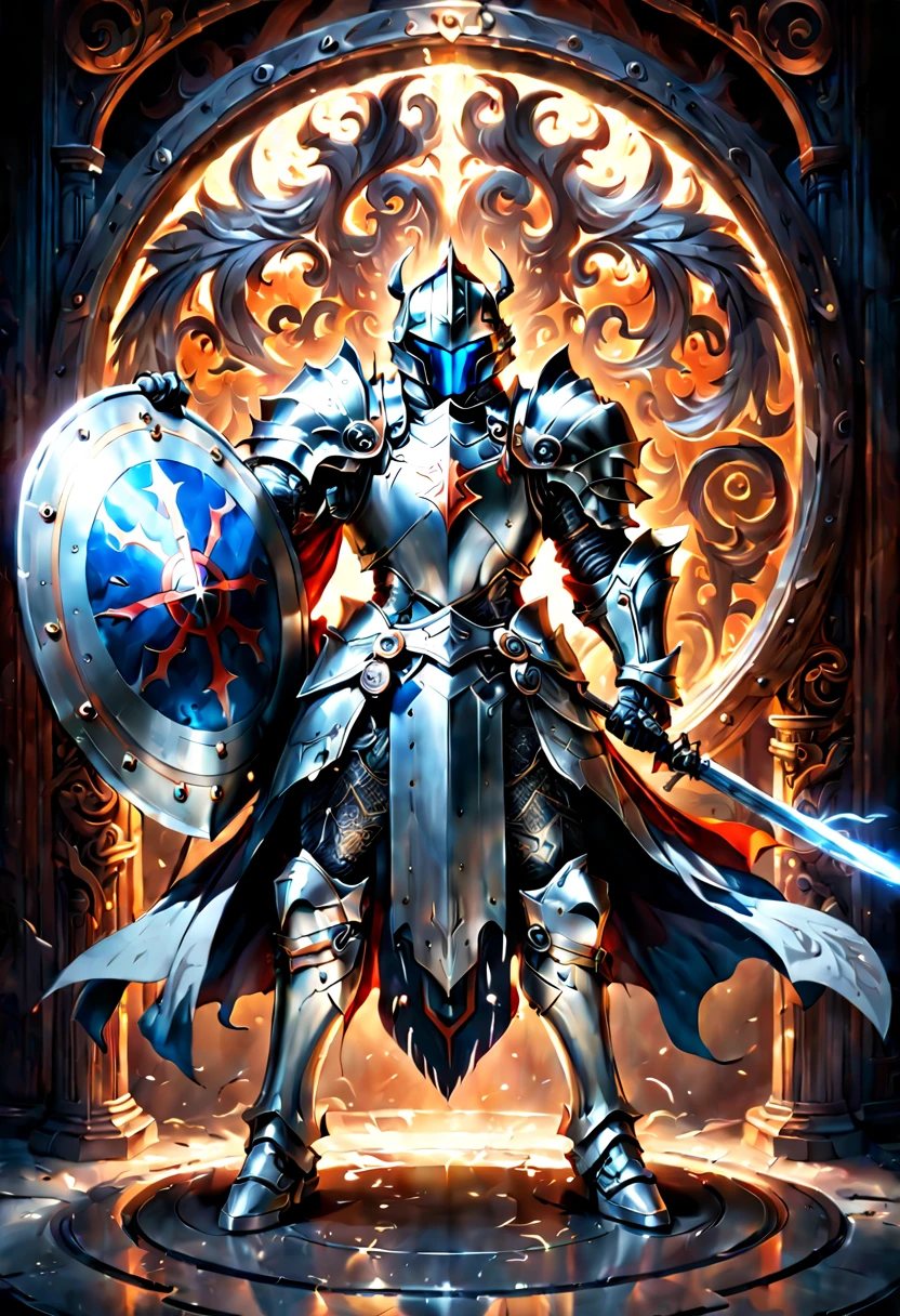 breathtaking A highly detailed digital painting of a powerful knight in armor holding a large, ornate shield in a heroic stance, extremely detailed full body knight in shiny silver armor with intricate patterns, standing in a dramatic pose, one hand holding a massive, circular shield with a glowing crest in the center, shield has beautiful engraved swirls and runes, shining metal, cinematic lighting, illustration by artgerm and greg rutkowski and alphonse mucha, digital painting . award-winning, professional, highly detailed, detailed matte painting, deep color, fantastical, intricate detail, splash screen, complementary colors, fantasy concept art, 8k resolution trending on Artstation Unreal Engine 5