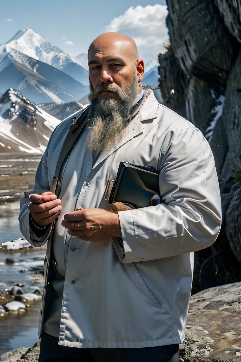 Masterpiece, best quality), 8k wallpaper, high detail, with a bald upper part of the head, a professor in a white lab coat, a full-bodied professor with a shaman of the northern peoples, a professor holding a large black shapeless rocky stone, against the background of the Altai Mountains, with a gray beard