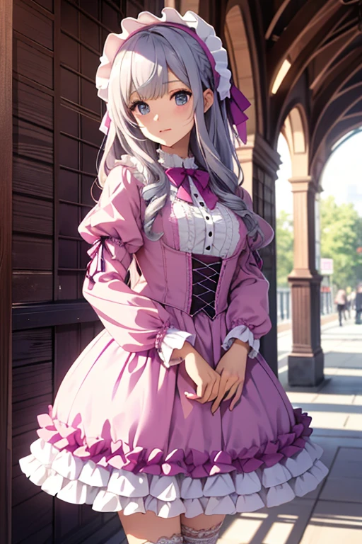 Sweet Lolita,purple and pink gradation,Clothes with a lot of frills,lots of lace,Miniskirt dress with panniers,bonnet,silver hair,blue eyes,male,women&#39;s clothing
