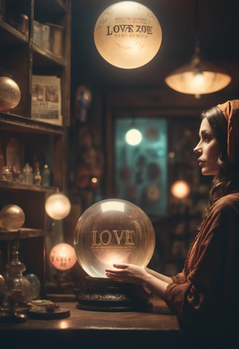 A fortune teller gazing into a crystal ball in a dim, mystical shop., (cinematic color grading lighting vintage realistic film grain scratches celluloid analog cool shadows warm highlights soft focus actor directed cinematography technicolor), with the text "Love" on it