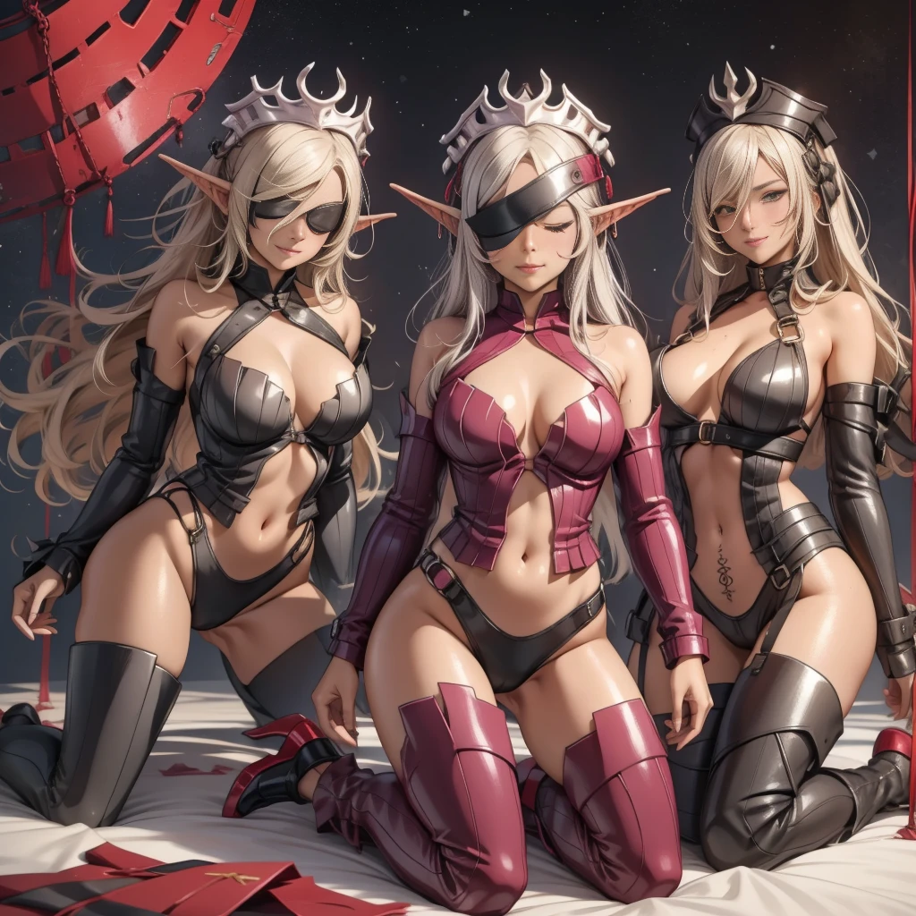 Breasts fit to the ground, Lie on the bed, lying on stomach, Two star motifs on the chest, queen, bikini swimsuit, huge breasts, sagging breasts, realistic style, breasts looming, ancient Chinese transparent underwear, big breasts, straight breasts Close-up of four women kneeling on the bed posing for photos, surreal full body figure, beautiful and detailed body and face, gorgeous figure, ponytail, clear, smile, moan, tease, lace edge, ponytail, clear, laugh, excited, moaning, teasing, tongue sticking, flushed face, fair skin, bright colors, upturned ass, full body photo, thin figure, gorgeous headdress, Whole Body proportions and all limbs are anatomically accurate, solo, laughing, big mouth, red blindfolded with a red blindfolded, blinfolded eyes, full body, standing positon (shackles on legs and arms), long white hair, female restraint, chained, slender, long hair, red tattoo slave, muscular abs, medium size bra cover chest, cover chest, (no eyes), red tatto for slave under navel, navel, black choker, female elf, pointy ears