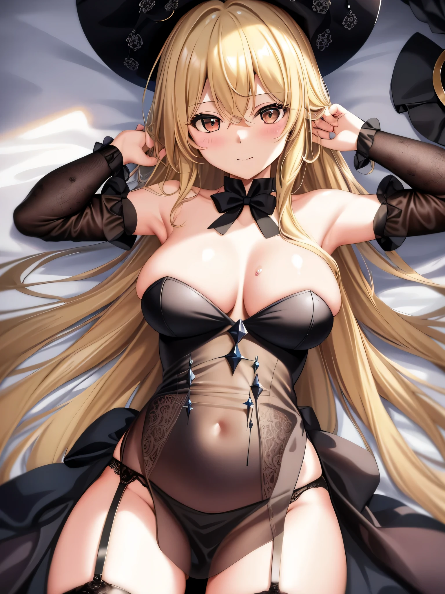 ((Marisa Drizzle))(best image quality, masterpiece:1.2),8K, absolute resolution, high quality, one woman,(blonde:1. 1), brown eyes, big breasts,(topless),shy,Lying on the bed,garter belt,put your hands behind your head,open the thighs