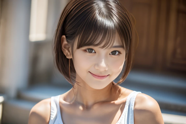 8k, RAW photo, best quality, masterpiece, realistic, photo-realistic, clear, professional lighting, beautiful face, best quality, ultra high res, (cowboy cut 1.5), realistic Japanese cute, girl, (Pixie cut hair 2.0), (khaki hair 2.0), (brown eyes 2.0), smile, natural makeup, pale skin, slender face, 楓ふうあ, standing, orange lip, clavicle, うわめづかい, あざといポーズ, えちえち, ミニスカ, コスプレ, 20代, hotel