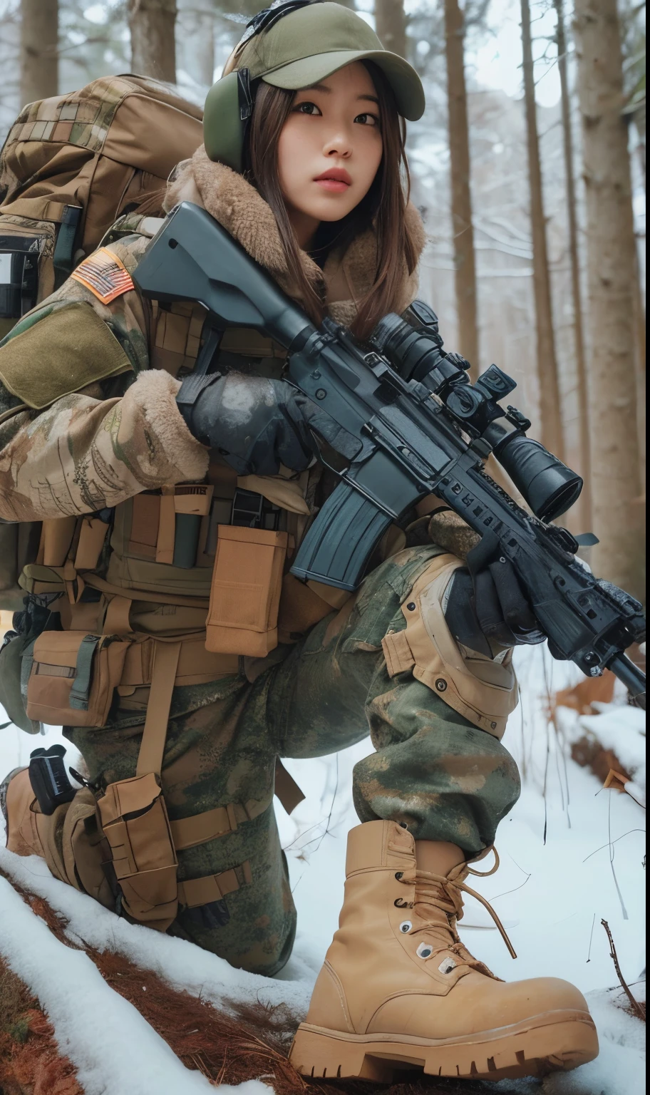photorealistic、realistic skin texture、automatic rifle、Woodlands