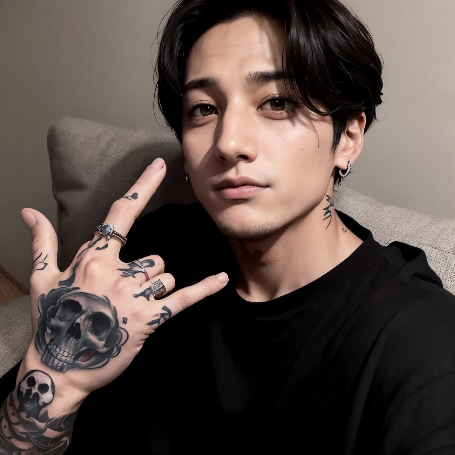 arafed man with a tattoo on his hand and a skull on his hand, jungkook, jeon jungkook , jeon jungkook , with tattoos,jeon jungkook , jeon jungkook , jeon jungkook , jeon jungkook , jeon jungkook , with a squid tattoo on his arms, korean artist, with index finger, headshot profile picture
