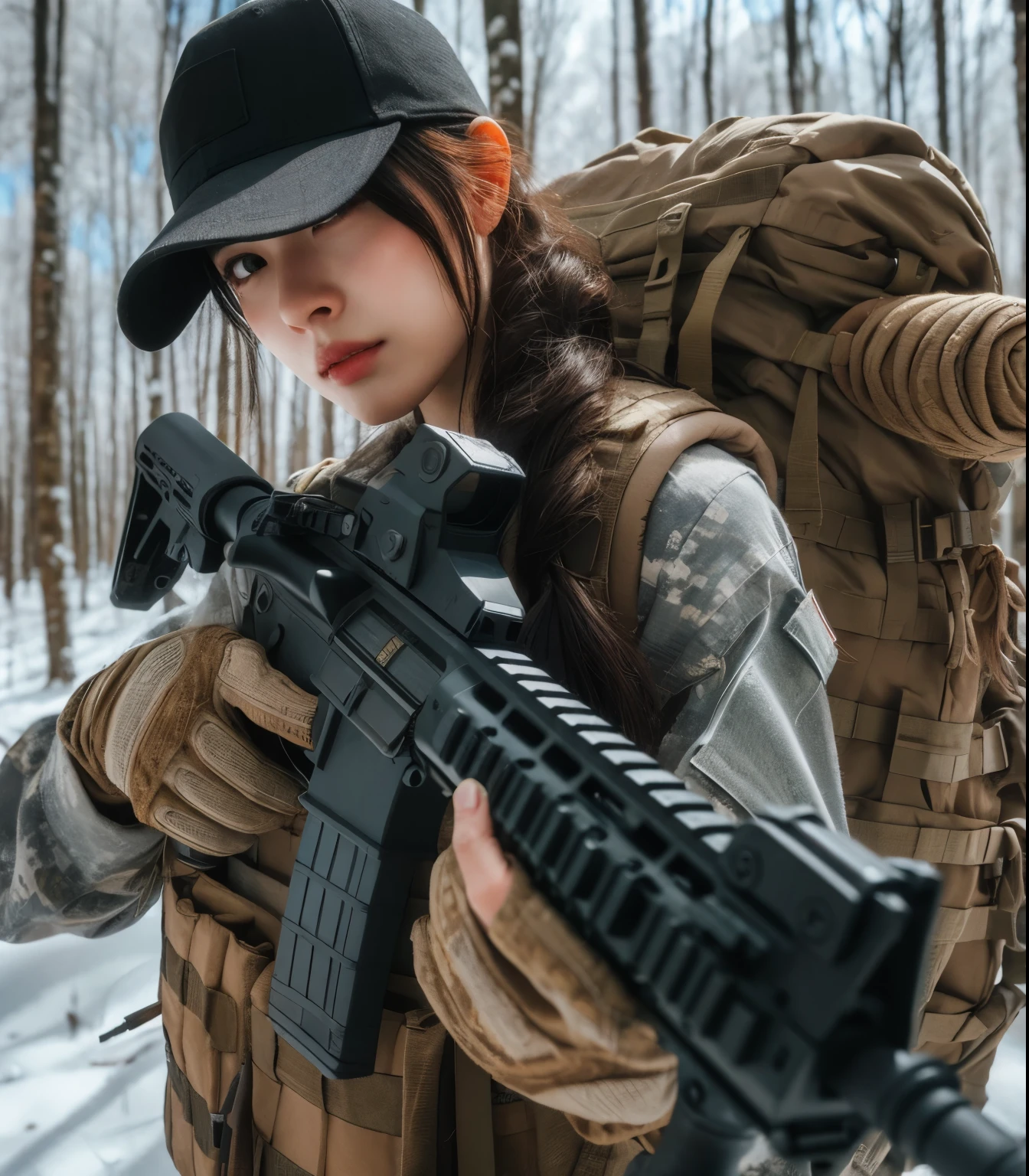 photorealistic、realistic skin texture、automatic rifle、Woodlands