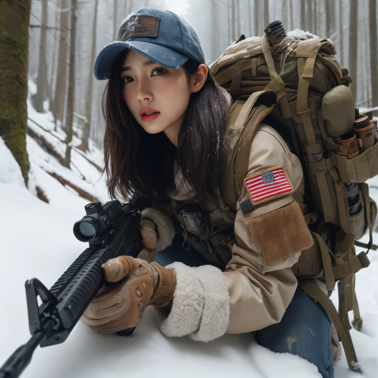 photorealistic、realistic skin texture、automatic rifle、Woodlands