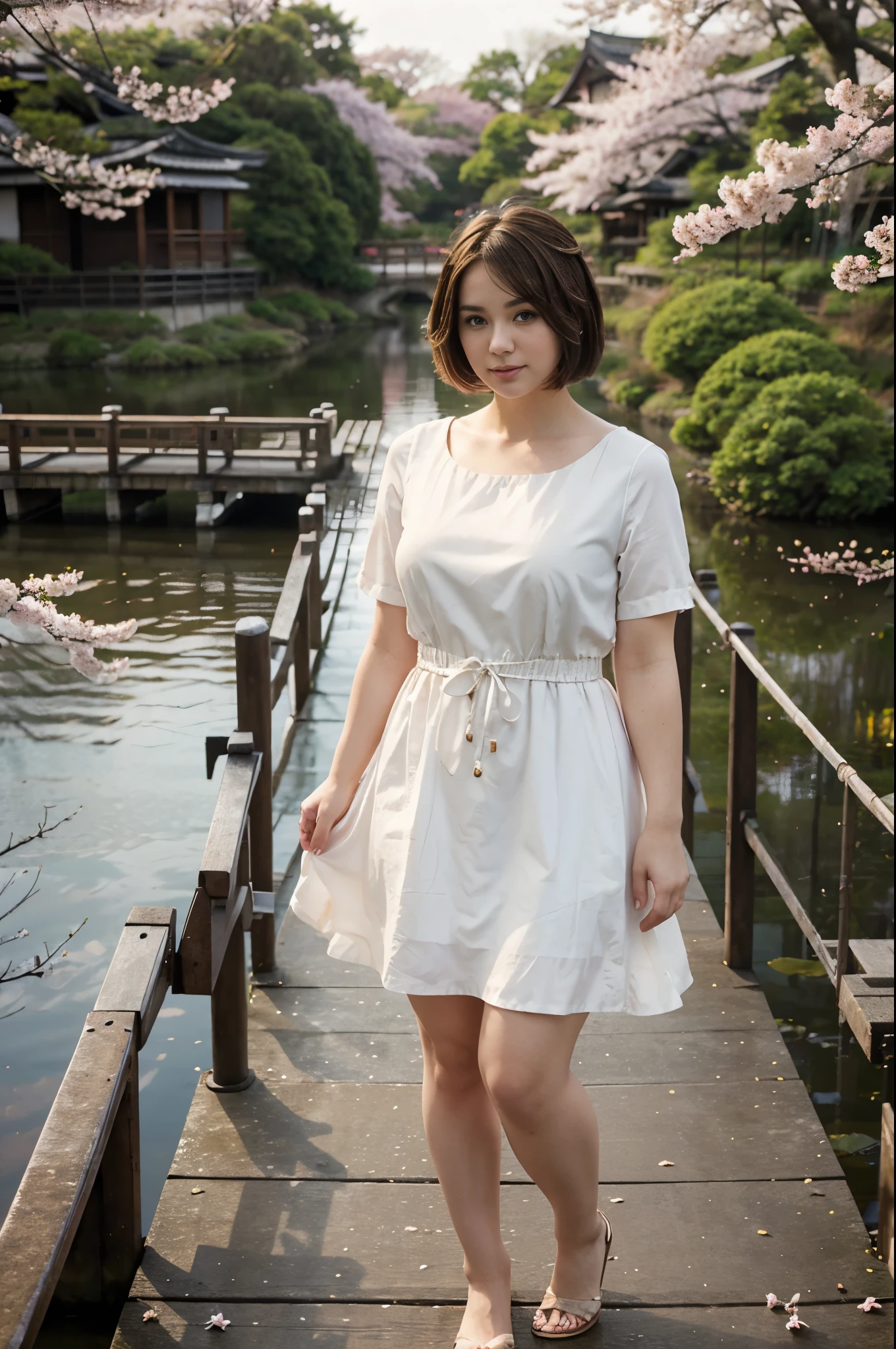 a plump white-skinned woman with short brown hair in a light colorful dress stands on a bridge over a Japanese pond, cherry blossoms, dawn