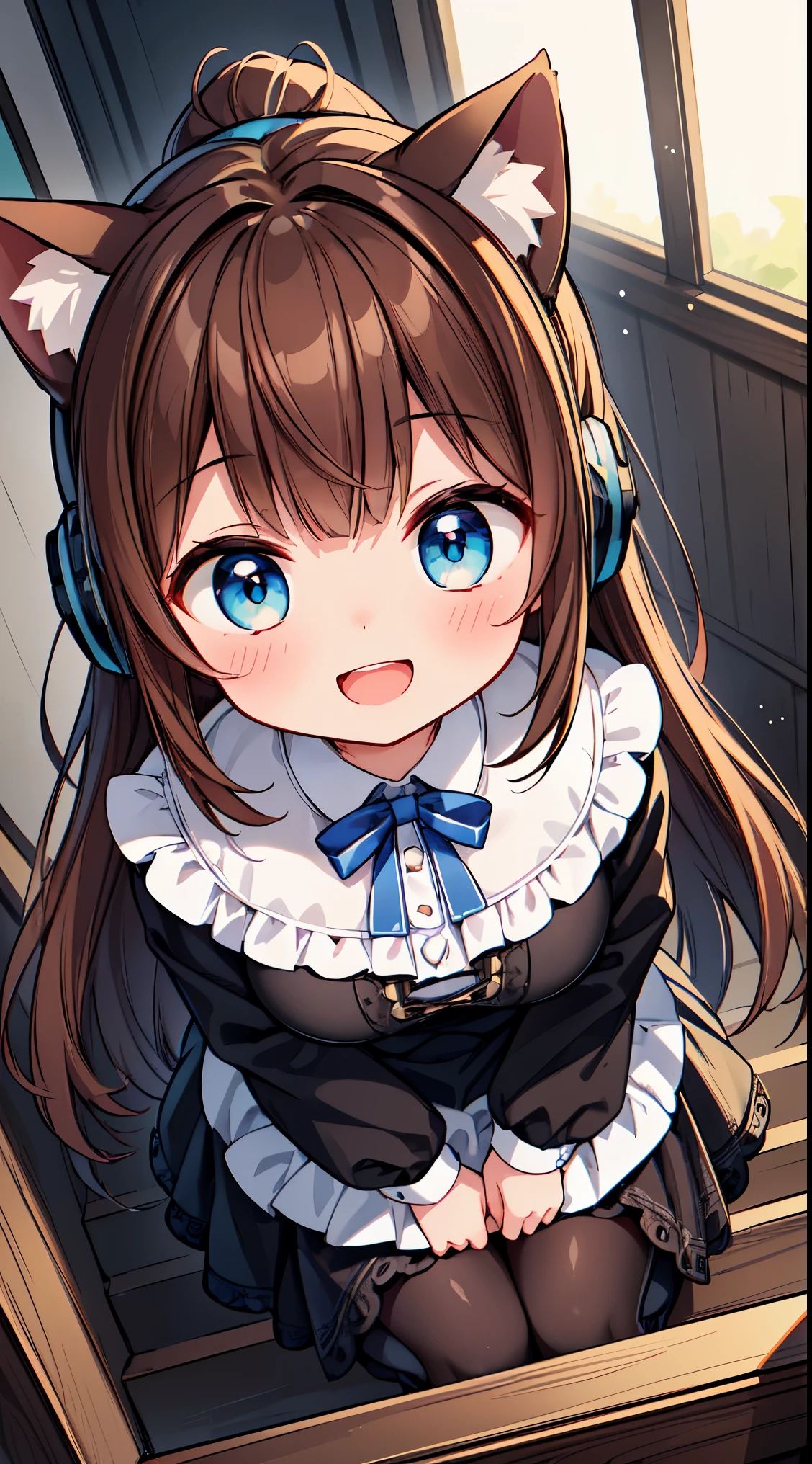 (super fine illustration:1.2),(masterpiece, 8k), (best quality, high quality:1.4), perfect anatomy, hyper detailed, ultra detailed,masterpiece background,beautiful detailed background, v8k wallpaper,perfect design,award-winning art,atmospheric,
BREAK, 1 beautiful girl, ( girl),Solo,(Cute:1.5),(Chibi:0.6),(kawaii:1.5),(:0.5),BREAK,1 beautiful girl, (17 years old detailed, colourfull, highest details, BREAK, (Huge breasts: 1. 2), Clear skin, Beautiful skin, Shy skin, 1 beautiful girl, (Brown hair:1.75), (Cat ears, Ponytail, medium-Long hair: 1. 2), (Light blue eyes, long eyelashes, Double eyelids: 1. 2),Solo,gleaming skin, Clear skin, Beautiful skin,(best quality face),(Top quality glowing eyes),(The best smile,:D:1.45), nose blush, sleepy, grin, open mouth,
BREAK, (steampunk-inspired motif:1.33), smoky lace, brown corset, (closed collar long-sleeved blouse:1.2) heavy coat with black frills, a volumey pannier under a (long skirt:1.3), lace ruffle socks, top hat, goggles, lace-up boots, leather glove, steampunk-items,BREAK, (delicate facial features:1.3),
(very wide:1.3),(panorama view:1.3),(sense of depth:1.5),(long shot:1.3),(magnificent view:1.3),desk in her gaming room playing video games she is wearing a headphone a loose fitting shirt a black dolphin shorts computer screen glowing no eye contact from a higher angle graphic design illustration anime style main color white and blue
BREAK,wakame,wakame,wakame,(looking up,from front above:1.5)
(going up on stairs:1.5),
BREAK,(Blurry background:1.3),(absurderes, hight resolution, Super Detail Art),cel shading,Clear Color, Lonely optical effect, Beautiful pictures, Bright glow, mystic atmosphere,(Close-up of girl:1.1), Mystical light particle effect,manga influence, clean line drawings,