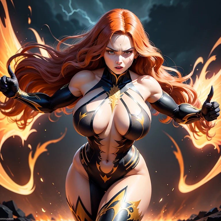 ((Masterpiece)), ((Best quality)), 8k, ultra-detailed,
A compelling representation of Jean Grey in her Dark Phoenix form, embodying her powerful and seductive allure. Her figure is muscular and toned, showcasing her strength and athleticism. Her large breasts are firm and full, enhanced by the intricate golden details of her Phoenix costume. The fabric clings to her body, revealing every curve and muscle. Her long, wavy Hair cascades down her back, framing her fierce, determined expression. Her eyes glow with a fierce, burning intensity, reflecting the electrical energy surging through her. The background is a dark, stormy sky, crackling with energy