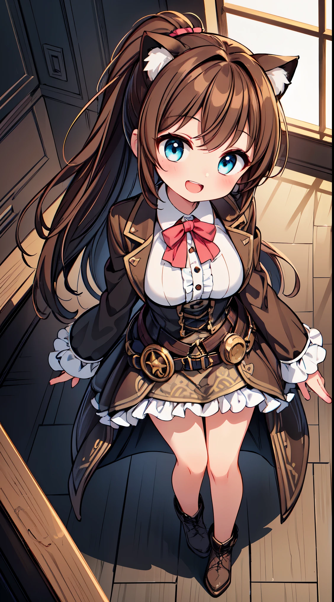 (super fine illustration:1.2),(masterpiece, 8k), (best quality, high quality:1.4), perfect anatomy, hyper detailed, ultra detailed,masterpiece background,beautiful detailed background, v8k wallpaper,perfect design,award-winning art,atmospheric,
BREAK, 1 beautiful girl, (17 years old girl),Solo,(Cute:1.5),(Chibi:0.6),(kawaii:1.5),(:0.5),BREAK,1 beautiful girl, (17 years old girl), Very detailed, colourfull, highest details, BREAK, (Huge breasts: 1. 2), Clear skin, Beautiful skin, Shy skin, 1 beautiful girl, (Brown hair:1.75), (Cat ears, Ponytail, medium-Long hair: 1. 2), (Light blue eyes, long eyelashes, Double eyelids: 1. 2),Solo,gleaming skin, Clear skin, Beautiful skin,(best quality face),(Top quality glowing eyes),(The best smile,:D:1.45), nose blush, sleepy, grin, open mouth,
BREAK, (steampunk-inspired motif:1.33), smoky lace, brown corset, (closed collar long-sleeved blouse:1.2) heavy coat with black frills, a volumey pannier under a (long skirt:1.3), lace ruffle socks, top hat, goggles, lace-up boots, leather glove, steampunk-items,BREAK, (delicate facial features:1.3),
(very wide:1.3),(panorama view:1.3),(sense of depth:1.5),(long shot:1.3),(magnificent view:1.3),desk in her gaming room playing video games she is wearing a headphone a loose fitting shirt a black dolphin shorts computer screen glowing no eye contact from a higher angle graphic design illustration anime style main color white and blue
BREAK,wakame,wakame,wakame,(looking up,from front above:1.5)
(going up on stairs:1.5),
BREAK,(Blurry background:1.3),(absurderes, hight resolution, Super Detail Art),cel shading,Clear Color, Lonely optical effect, Beautiful pictures, Bright glow, mystic atmosphere,(Close-up of girl:1.1), Mystical light particle effect,manga influence, clean line drawings,
