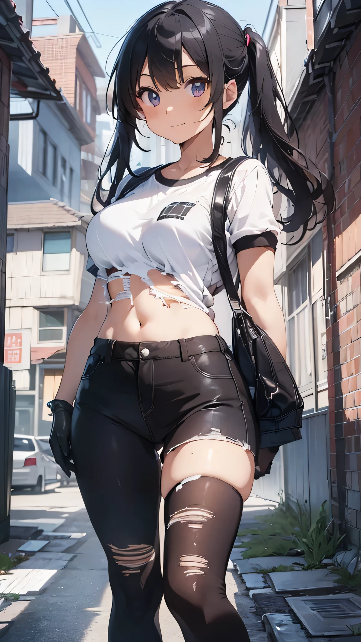 Ena (Joel G.), 1 Girl, two-tone body, (Blue on the right, Left), Long black hair with different lengths on both sides, (The hair on the right side is longer and straighter, Left头发类似鲍勃发型，Covering the left ear), Two triangles, Bangs, Right eye is diamond-shaped，Drooping eyelashes, Left eye is semicircular, Black eyes, extra large breasts, breast enlargement breasts, white T-shirt, black suspender skirt, blushing and smiling, looking at the camera, full-body shot, standing alone at the station