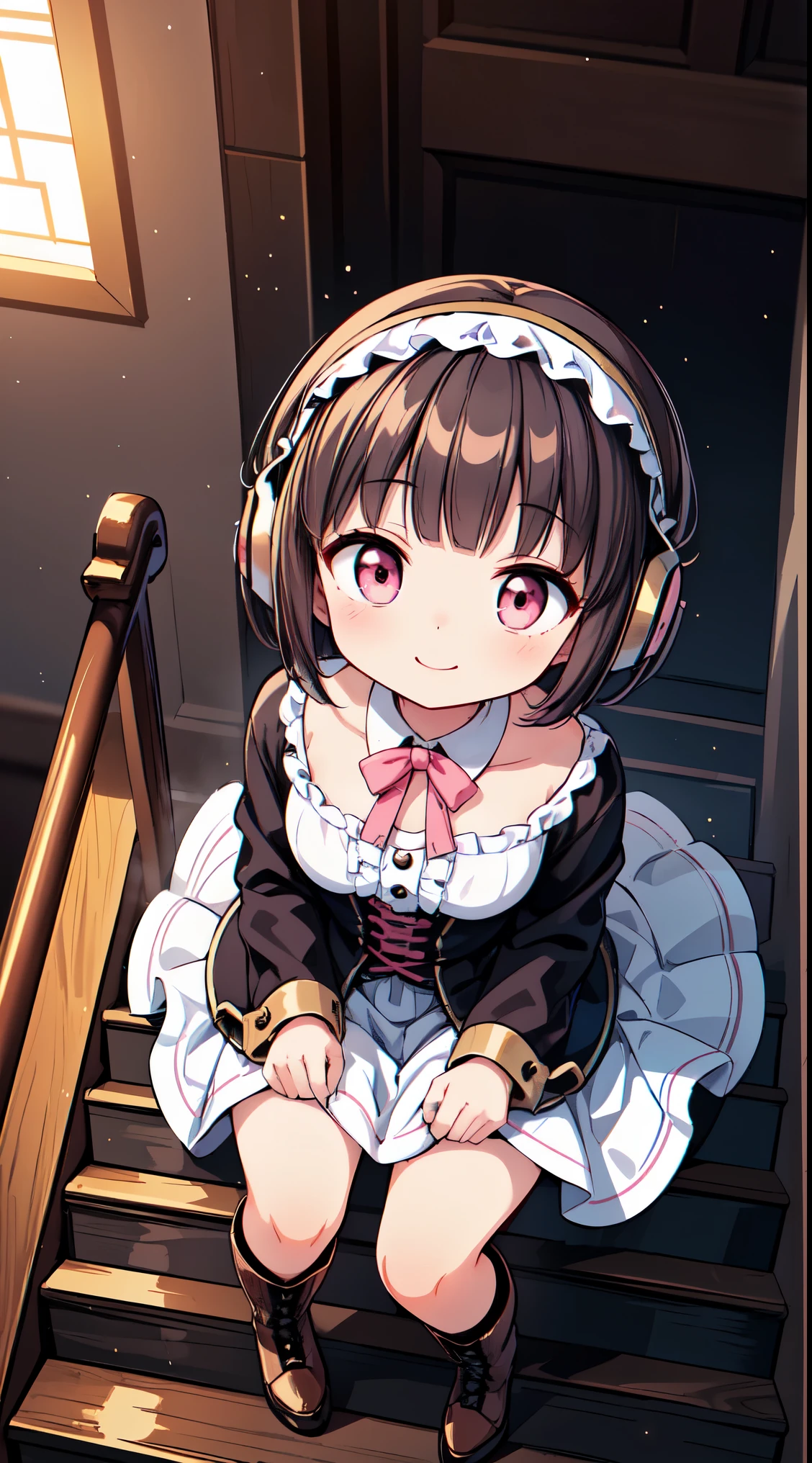 (super fine illustration:1.2),(masterpiece, 8k), (best quality, high quality:1.4), perfect anatomy, hyper detailed, ultra detailed,masterpiece background,beautiful detailed background, v8k wallpaper,perfect design,award-winning art,atmospheric,
BREAK, ( girl), 1 beautiful girl,girl with, 1 beautiful girl,Solo,(Cute:1.5),(Chibi:0.8),(kawaii:1.5),(:0.5),(girl, Cute, Cheerful, face, slightly bulging chest),(A dark-haired,Disheveled short bob,tareme,Pink eyes:1.55),(sano,A smile,Bad face:1.2),(White rabbit ear headband:1.2),Shiny skin,Clear skin,Beautiful skin,(best quality face),(Top quality glowing eyes),(The best smile,Doya face:1.45),
BREAK, (steampunk-inspired motif:1.33), smoky lace, brown corset, (closed collar long-sleeved blouse:1.2) heavy coat with black frills, a volumey pannier under a (long skirt:1.3), lace ruffle socks, top hat, goggles, lace-up boots, leather glove, steampunk-items,BREAK, (delicate facial features:1.3),
(very wide:1.3),(panorama view:1.3),(sense of depth:1.5),(long shot:1.3),(magnificent view:1.3),desk in her gaming room playing video games she is wearing a headphone a loose fitting shirt a black dolphin shorts computer screen glowing no eye contact from a higher angle graphic design illustration anime style main color white and blue
BREAK,wakame,wakame,wakame,(looking up,from front above:1.5)
(going up on stairs:1.5),
BREAK,(Blurry background:1.3),(absurderes, hight resolution, Super Detail Art),cel shading,Clear Color, Lonely optical effect, Beautiful pictures, Bright glow, mystic atmosphere,(Close-up of girl:1.1), Mystical light particle effect,manga influence, clean line drawings,