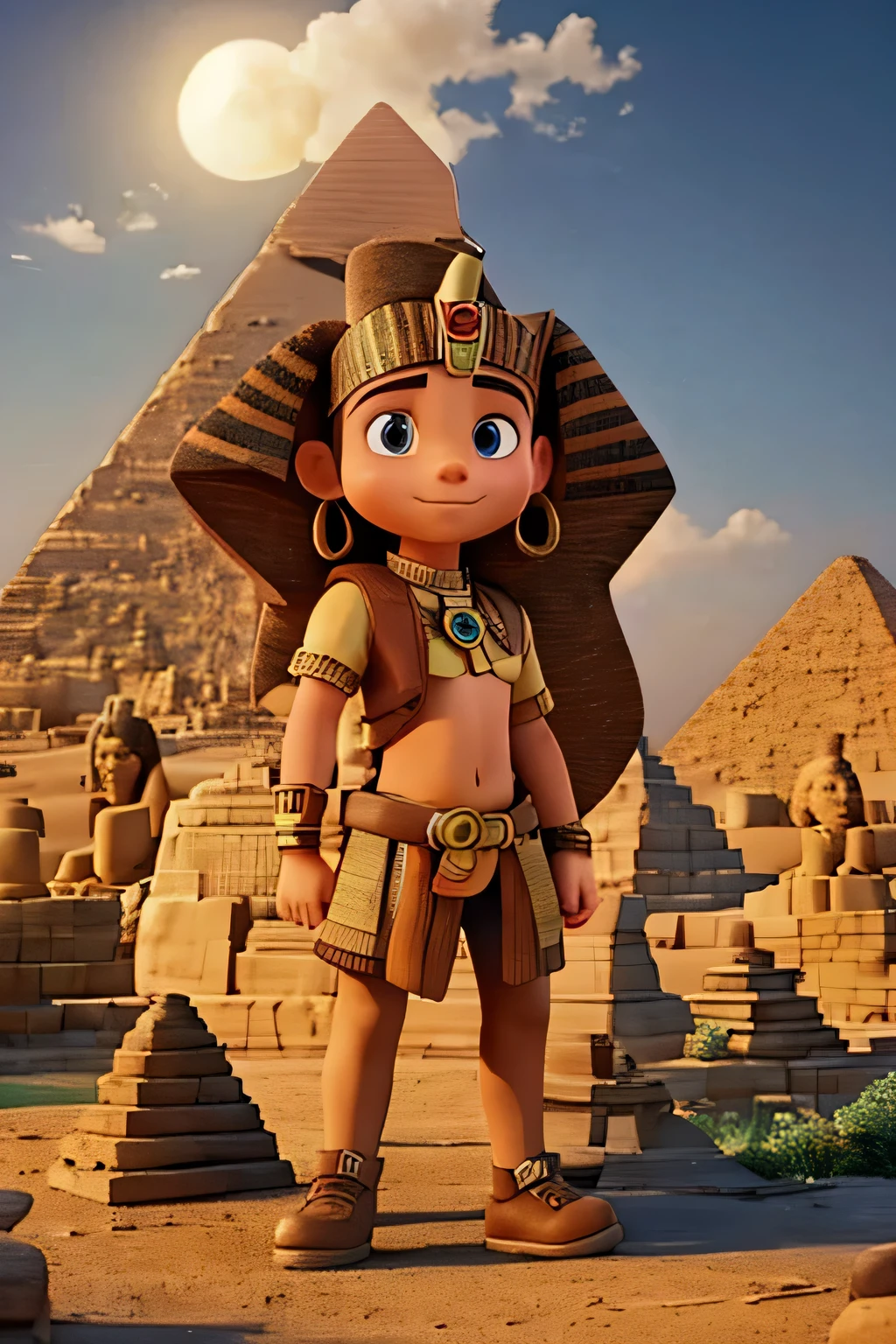 In the background you can see the pyramids of Egypt and an Egyptian sphinx.