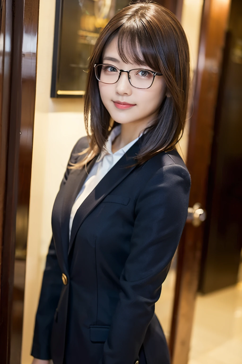 1 Female, beautiful, 25 years old, (formal jacket with 3/4 length, tight sheer 3/4 length blouse, tight mini skirt, glasses, hair accessory, pantyhose), office lady, beautiful secretary, sexy, high-class panties, upskirt, panty shot, earrings, necklace, hair tucked behind ear, straight long hair, normal chest, front view, facing each other, office, bangs, (one knee down, one knee raised: 1.2), torn clothes, expressionless,ultra-detailed、high resolution、extremely detailed CG、unity 8k wallpaper、official art、super detailed skin、perfect anatomy、cinematic lighting、beautiful detailed eyes、depth of field、ideal ratio body proportions、little smile,