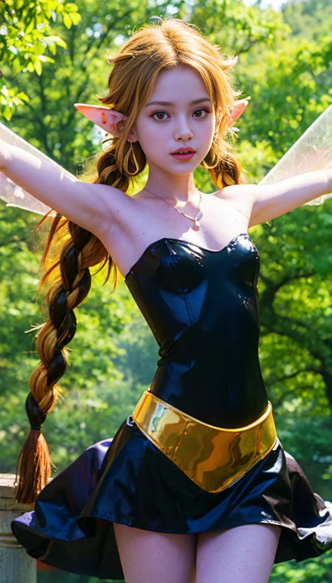 photorealistic, (4k), depth of field, (Masterpiece), (realistic skin texture), extremely detailed, intricate, hyper detailed, professional photography, bokeh, high resolution, sharp detail, best quality, fairy, black dress, strapless dress, blonde hair, twin braids, long braids, gold belt, black armguards, armlets, yellow eyes, (fairy wings), black earrings, (arms up), (forest:1.5), nature, outdoors, vegetation, sunbeam,  