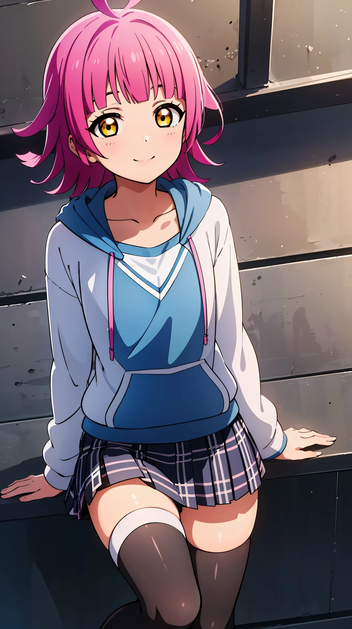 (masterpiece, best quality, ultra-detailed), (illustration), (beautiful detailed eyes), 1girl, solo, tennouji rina, short hair, pink hair, ahoge, flat chest, looking at viewer, skirt, shirt, thighhighs, ,  black thighhighs, blue hood, checkered skirt, nijigasaki academy , open hoodie, 
smile,