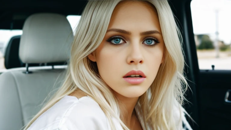 photograph of a sexy woman, (troubled facial expression), textured skin, goosebumps, long platinum blonde hair, white satin shirt with distressed boyfriend jeans, sitting in the back of an Uber after a night out, perfect ice-blue eyes, 
