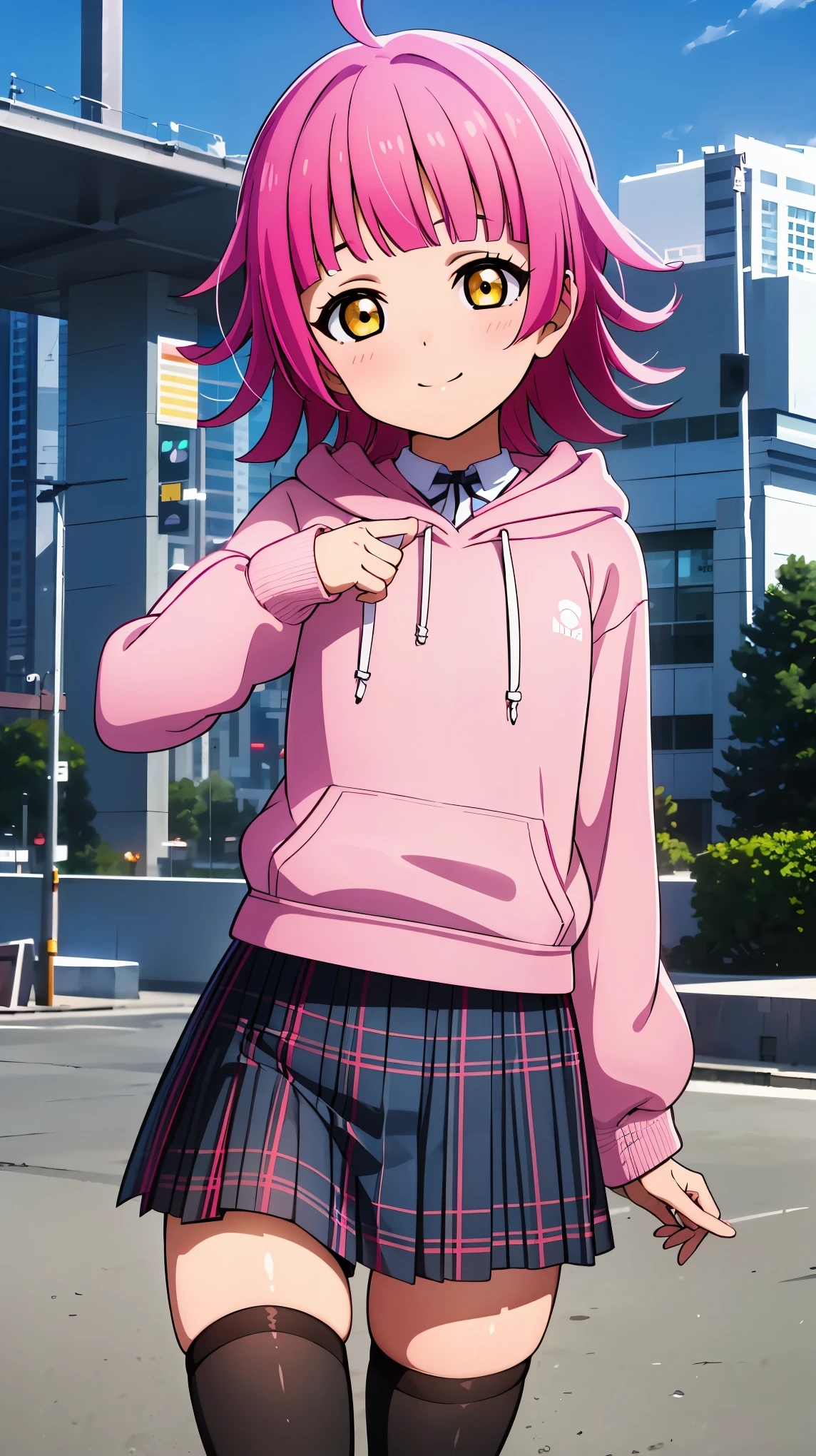 (masterpiece, best quality, ultra-detailed), (illustration), (beautiful detailed eyes), 1girl, solo, tennouji rina, short hair, pink hair, ahoge, flat chest, looking at viewer, skirt, shirt, thighhighs, ,  black thighhighs, blue hood, checkered skirt, nijigasaki academy , open hoodie, 
smile,