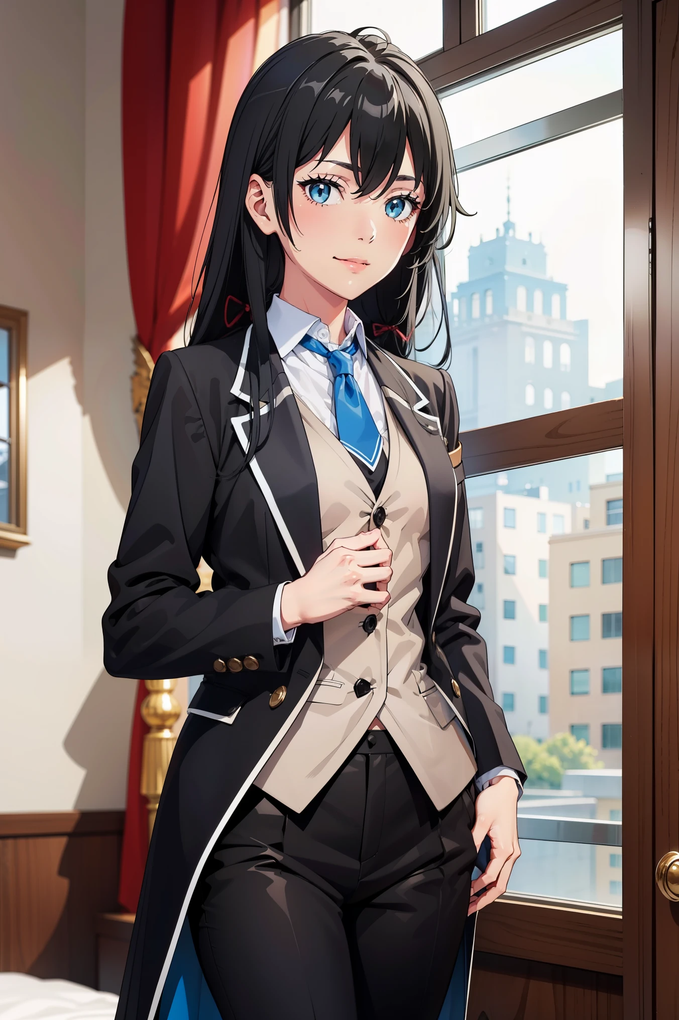 Yukinoshita yukino ,woman in formal attractive tailcoat standing in a large alcove in the room , 1girl, solo, blue necktie, black hair, blue eyes, long hair, smile , collared shirt, white pants, white shirt , tailored tailcoat elegant , standing in front of a window ,tailcoat tailored to perfection crafted from the lustrous fabri