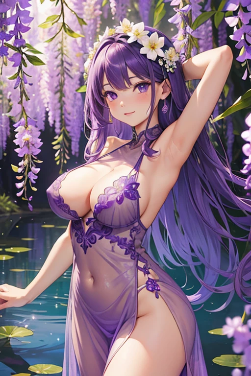 {{{{masterpiece}}}}, {{{super detailed}}}, {{{High resolution}}}, {{excellent anatomy}}, (((highest quality))), ((very delicate and beautiful)), {{very detailed and delicate}}, {8k cg wallpaper},((detailed background))One female、best style、beautiful woman、The most beautiful woman in the world、Purple flowers are blooming on the purple lake surface, soft purple glow, Purple light, (purple wisteria forest), Dynamic lighting for the wisteria season, art, shining purple, Purple petals are dancing everywhere、 The blossoming path to heaven, purple glow、Purple water、purple reflective water surface、purple light、(Sexy sheer dress:1.5),((big breasts))、show through、waterside and wisteria、Detailed design、beautiful design、sexy pose、Sheer skin、shape of nipple
