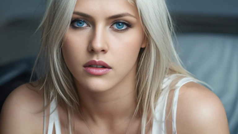 photograph of a sexy woman, (troubled facial expression), textured skin, goosebumps, long platinum blonde hair, white satin shirt with distressed boyfriend jeans, sitting in the back of an Uber after a night out, perfect ice-blue eyes,