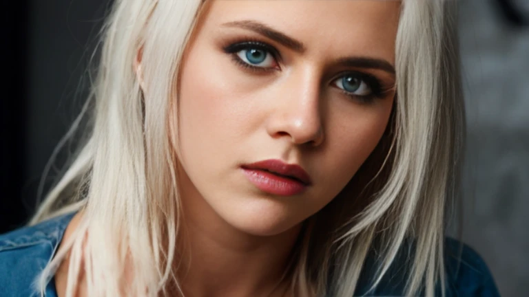 photograph of a sexy woman, (troubled facial expression), textured skin, goosebumps, long platinum blonde hair, white satin shirt with distressed boyfriend jeans, sitting in the back of an Uber after a night out, perfect ice-blue eyes,