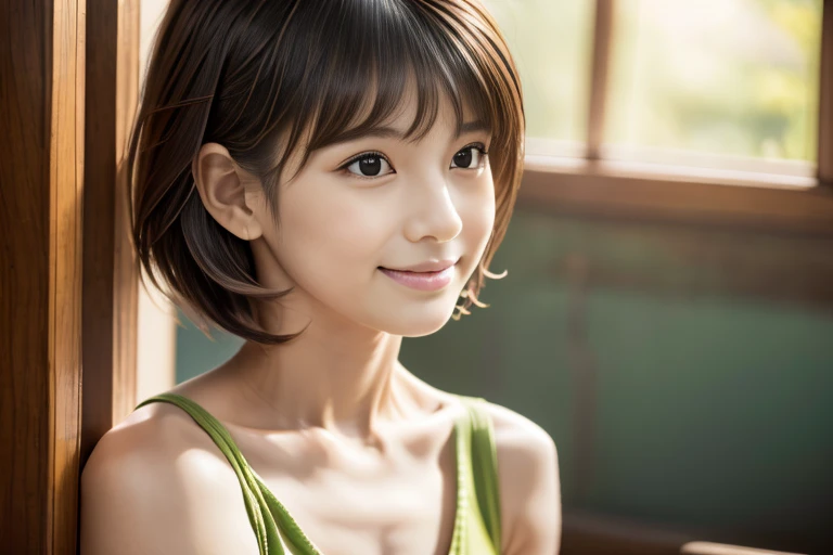 8k, RAW photo, best quality, masterpiece, realistic, photo-realistic, clear, professional lighting, beautiful face, best quality, ultra high res, (cowboy cut 1.5), realistic Japanese cute, girl, (Pixie cut hair 2.0), (khaki hair 2.0), (brown eyes 2.0), smile, natural makeup, pale skin, slender face, 楓ふうあ, standing, orange lip, clavicle, うわめづかい, あざといポーズ, えちえち, ミニスカ, チアリーダー, 20代, スタジアム,