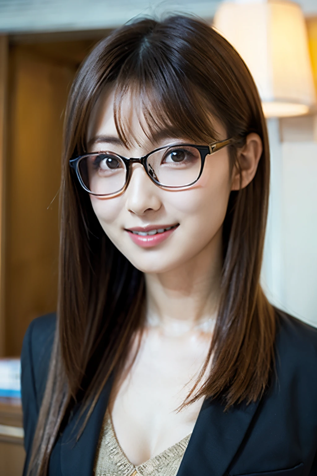 (8K、Raw photography、top-quality、​masterpiece:1.2)、(realisitic、Photorealsitic:1.37)、ultra-detailliert、超A high resolution、1人、see the beholder、beautifull detailed face、A smile、Constriction、(Slim waist) :1.3)、length hair、Beautiful detailed skin、Skin Texture、Floating hair、Wearing a suit、Professional Lighting、Inside the office、Square glasses with black edging 、Whole human body、Brown hair