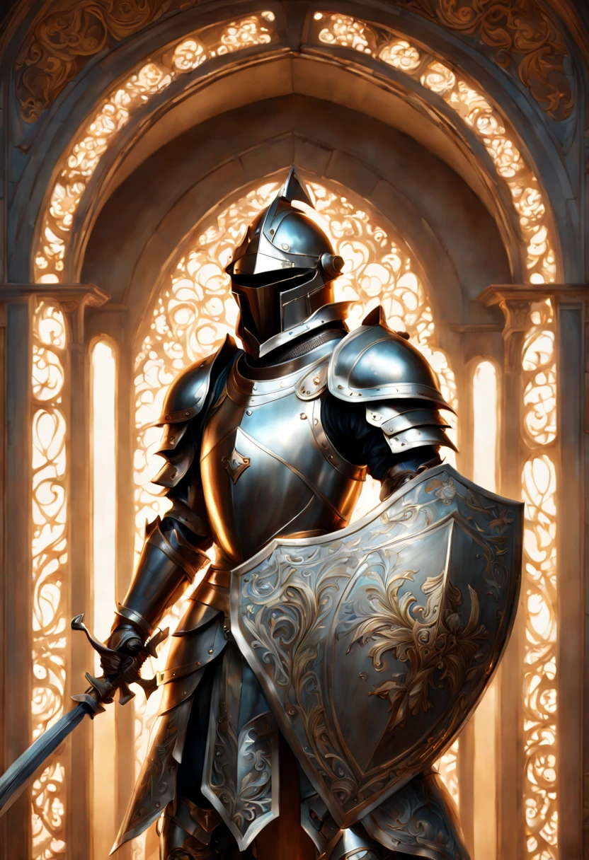 breathtaking A highly detailed digital painting of a powerful knight in armor holding a large, ornate shield in a heroic stance, extremely detailed full body knight in shiny silver armor with intricate patterns, standing in a dramatic pose, one hand holding a massive, circular shield with a glowing crest in the center, shield has beautiful engraved swirls and runes, shining metal, cinematic lighting, illustration by artgerm and greg rutkowski and alphonse mucha, digital painting . award-winning, professional, highly detailed, detailed matte painting, deep color, fantastical, intricate detail, splash screen, complementary colors, fantasy concept art, 8k resolution trending on Artstation Unreal Engine 5