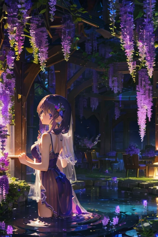 {{{{masterpiece}}}}, {{{super detailed}}}, {{{High resolution}}}, {{excellent anatomy}}, (((highest quality))), ((very delicate and beautiful)), {{very detailed and delicate}}, {8k cg wallpaper},((detailed background))One female、best style、beautiful woman、The most beautiful woman in the world、Purple flowers are blooming on the purple lake surface, soft purple glow, Purple light, (purple wisteria forest), Dynamic lighting for the wisteria season, art, shining purple, Purple petals are dancing everywhere、 The blossoming path to heaven, purple glow、Purple water、purple reflective water surface、purple light、(Sexy sheer dress:1.5),((big breasts))、show through、waterside and wisteria、Detailed design、beautiful design、sexy pose、Sheer skin、shape of nipple