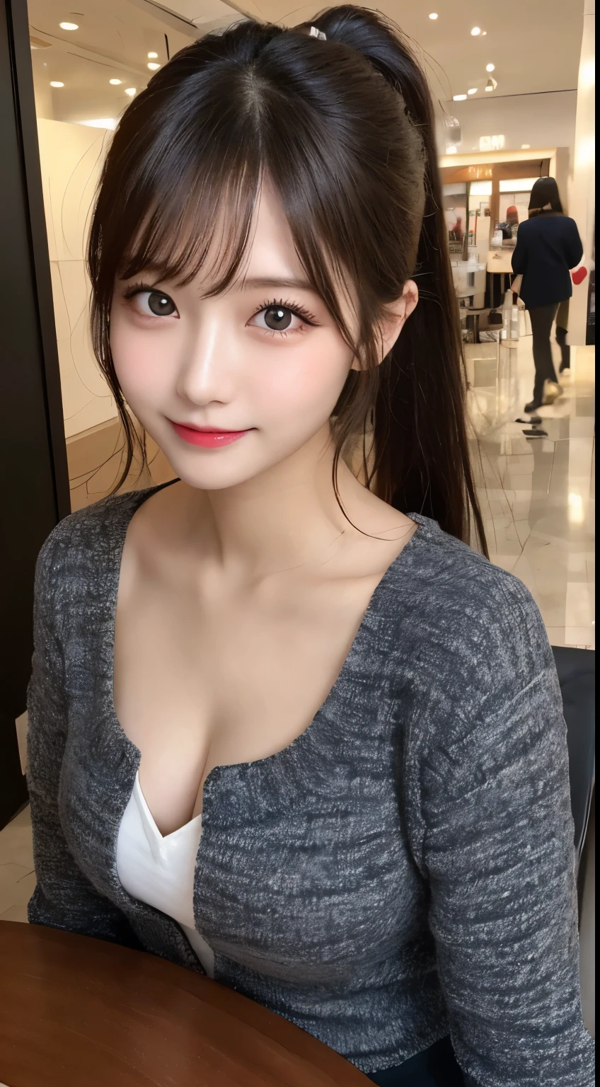 table top, highest quality, shape, Super detailed, finely, High resolution, 8k wallpaper, 完璧なダイナミックな構shape, beautiful and detailed eyes, Trendy Women's Winter Fashion,ponytail,small breasts natural color lip, sexy pose,smile,Harajuku、20 year old girl、sexy look for the camera