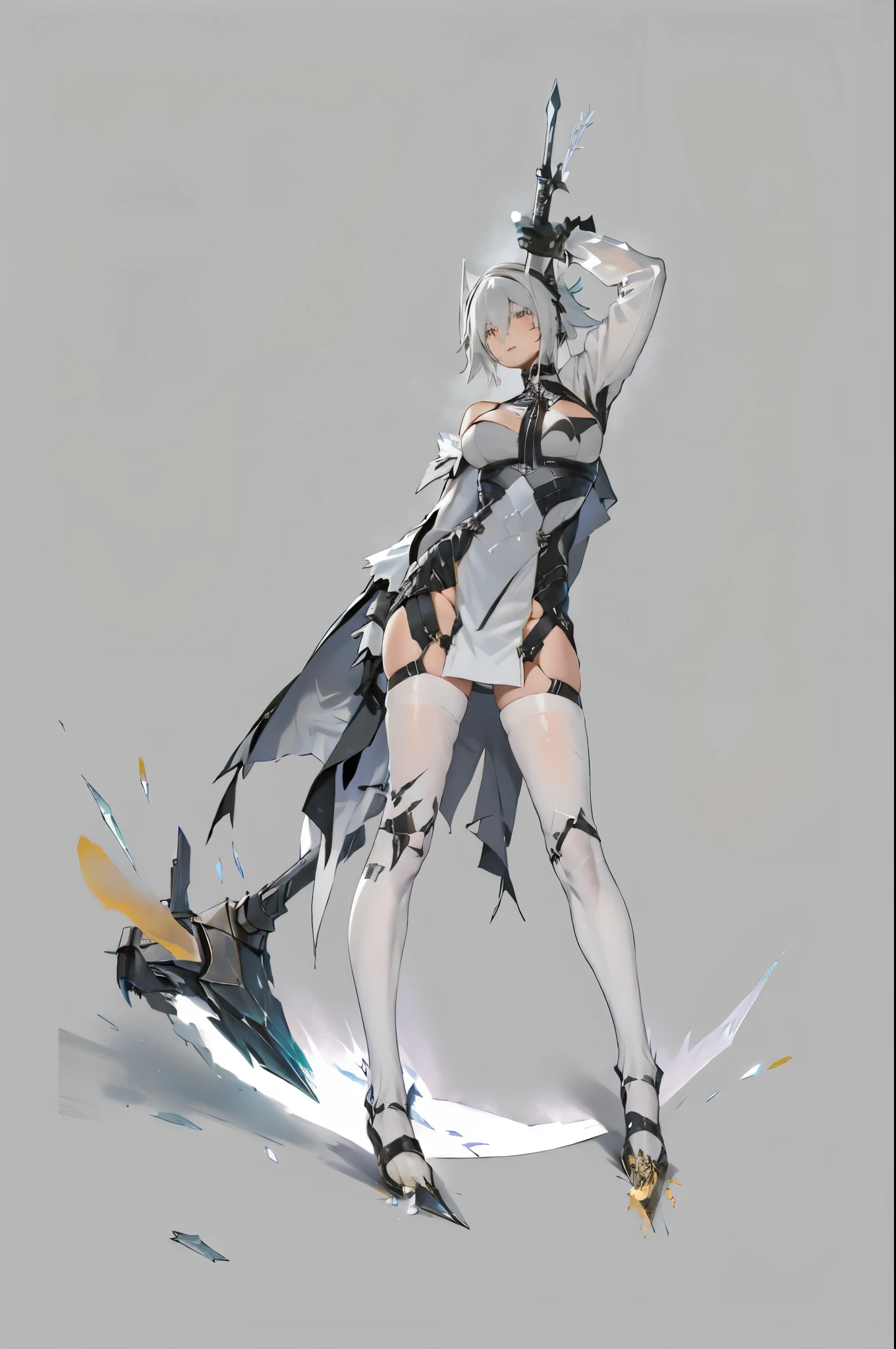 anime character with a sword and a cape on a gray background, from arknights, nier automata concept artsyle, nier inspired, nier automata concept art, nier:automata inspired, nier : automata inspired, ( ( character concept art ) ), from girls frontline, kantai collection style, ashe, nier autoamata, cushart kenz，机械少女，手拿机械镰刀