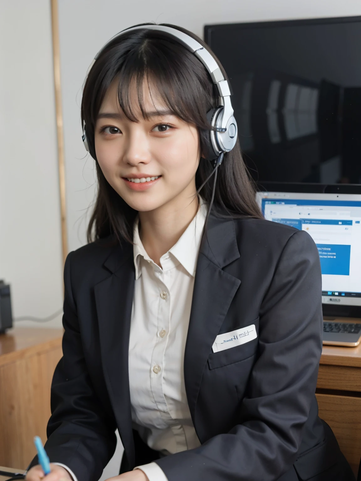 smiling asian woman in a suit with headphones on sitting at a desk, working in a call center, wearing a headset, wearing headset, wearing gaming headset, wearing a gaming headset, well lit professional photo, young asian woman, in an call centre office, young business woman, in front of a computer, korean woman, high quality image, a young asian woman