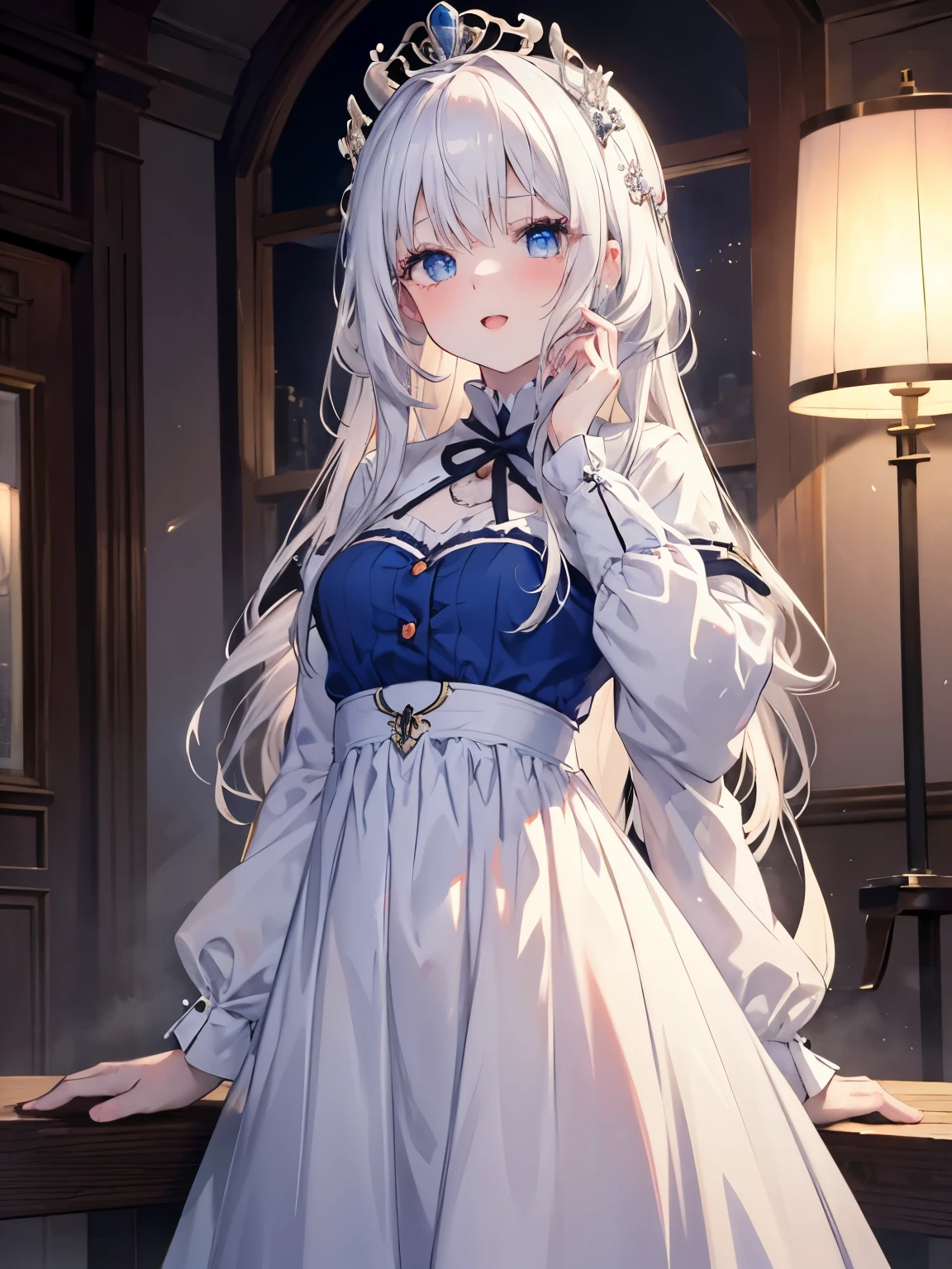 masutepiece, Highest Quality, (Perfect face:1.1), (high detailing:1.1), (ultradetailed eyes), Dramatic, superfine illustration, Extremely detailed, 1girl in,teenager, (pale skin), long white hair, Ethereal eyes, Blue eyes,blush,Solo,Smile, Happy, Laugh, Enjoy, Open mouth, Pouty lips,Cinematic lighting, Looking at Viewer,Cowboy Shot,Long sleeve,Blue Princess dress,indoor