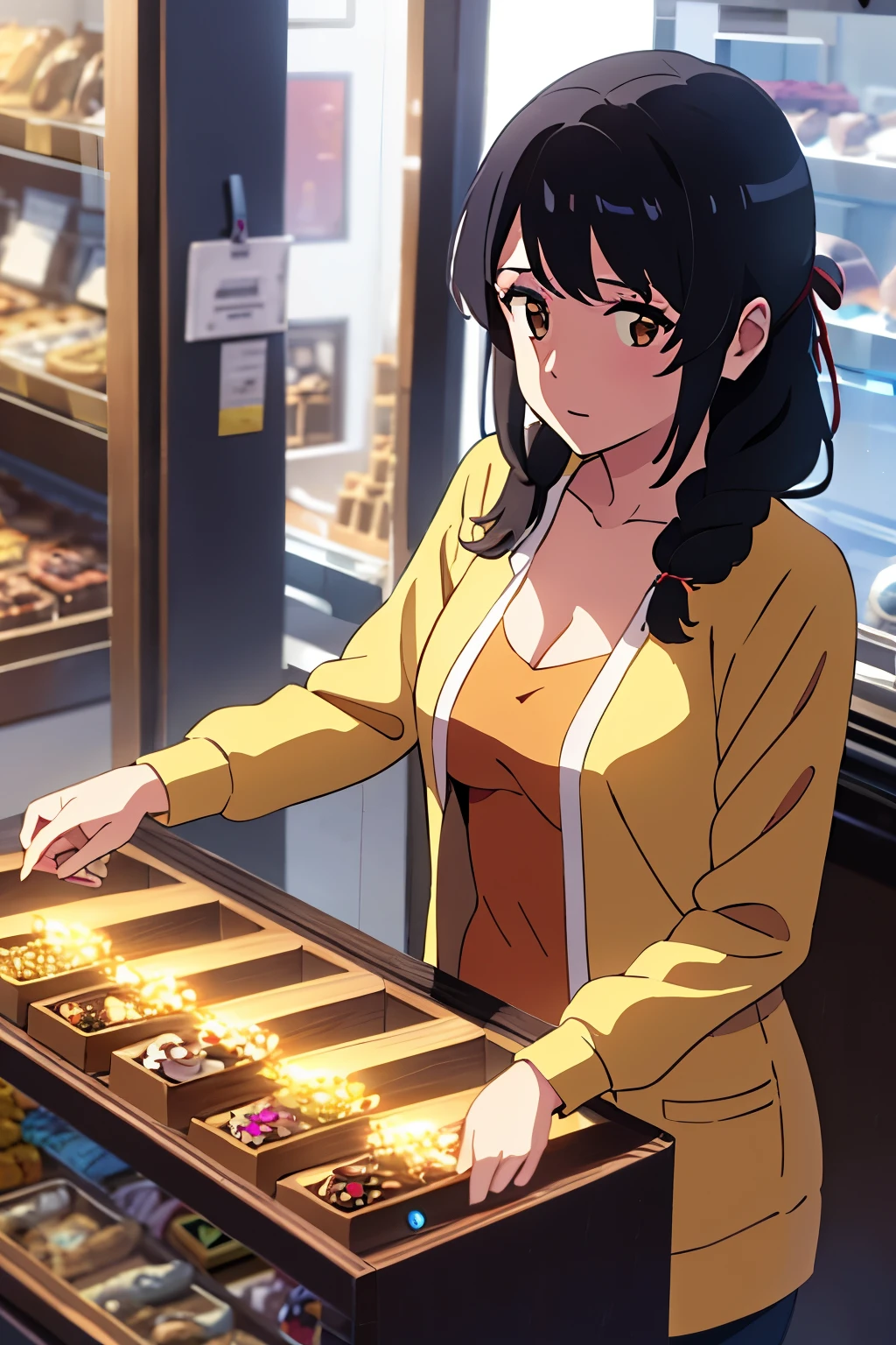 shinkai makoto, kimi no na wa., 1girl, bangs, black hair, brown eyes, waterfall braid, red ribbon, long hair, long sleeve light yellow cardigan, open shirt, yellow shirt, cleavage, breast, medium breast, Orange shirt, name tag written "LUMINE Miyamizu", looking at the viewer, indoors, jewelry products, jewelry shop, jewelry saleswoman, indoors, mallmasterpiece, perfect anatomy, cowboyshot