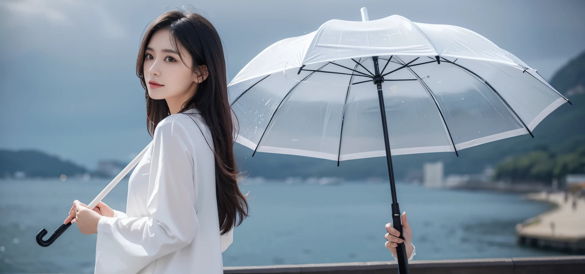 Woman in white holding umbrella, To the right