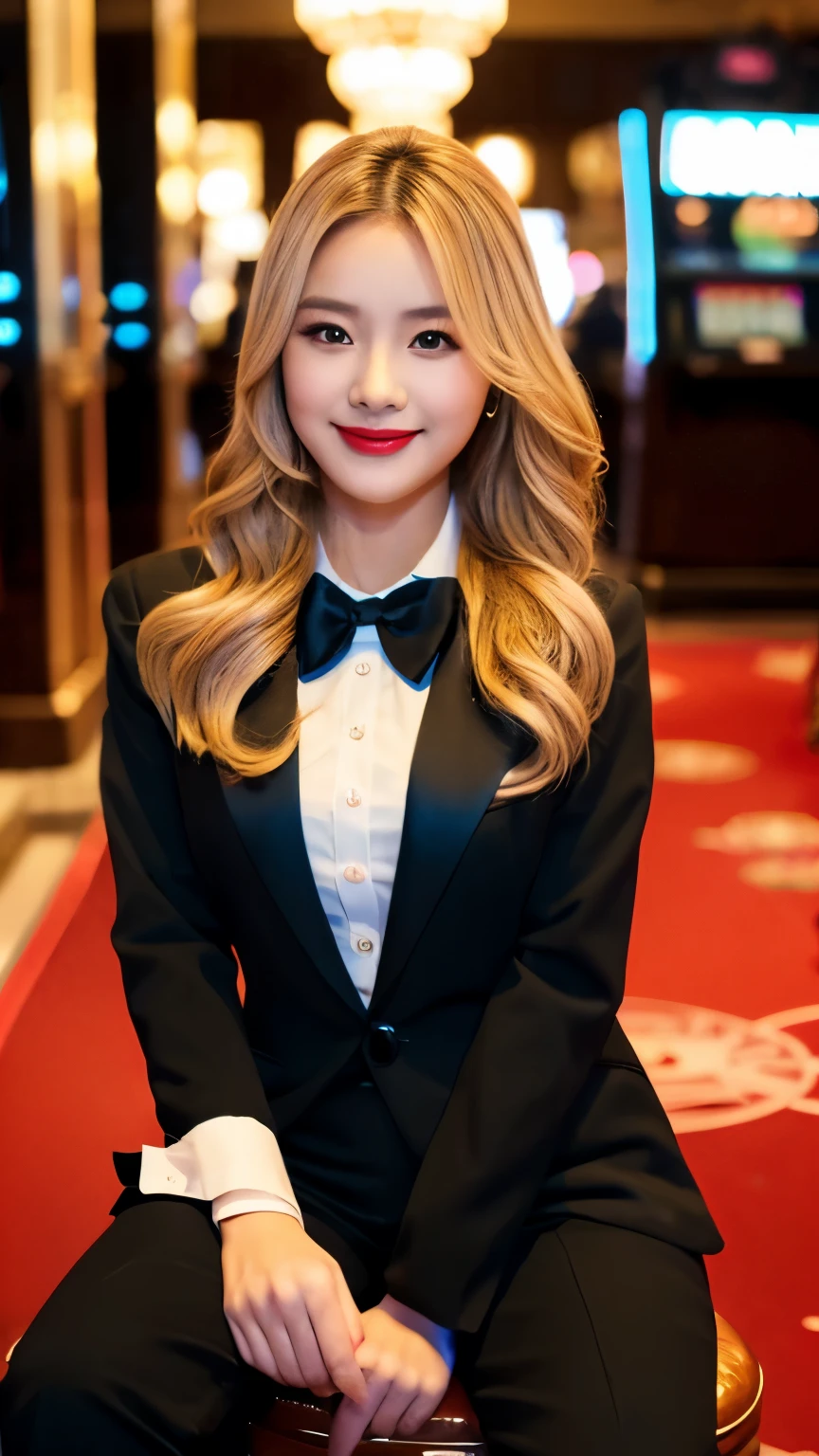 (best quality, ultra-high resolution, real, photorealistic:1.2, 8K), BREAK, a Japanese girl, (full body:1.4), BREAK, detailed hair, blonde long hair, hyper detailed face, hyper detailed skin, white skin, red eyes, blushing cheeks, detailed red lips, smile, drunk, BREAK, detailed clothings, (all-black tuxedo:1.4, sitting on a stool:1.3), BREAK, (casino:1.2), BREAK, (baccarat:1.4), detailed background, romantic atmosphere