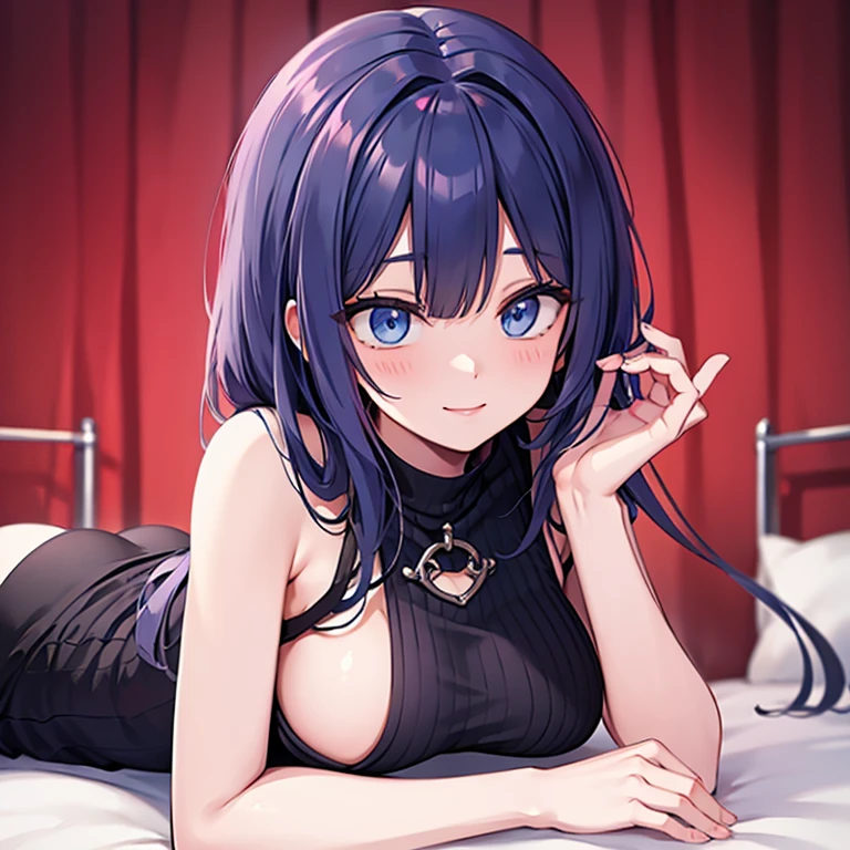 Black hair, blue eyes, sexy, large breasts, masterpiece, bed, smile, beautiful body