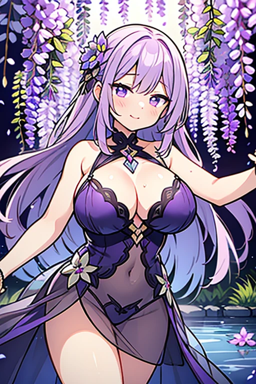 {{{{masterpiece}}}}, {{{super detailed}}}, {{{High resolution}}}, {{excellent anatomy}}, (((highest quality))), ((very delicate and beautiful)), {{very detailed and delicate}}, {8k cg wallpaper},((detailed background))One female、best style、beautiful woman、The most beautiful woman in the world、Purple flowers are blooming on the purple lake surface, soft purple glow, Purple light, (purple wisteria forest), Dynamic lighting for the wisteria season, art, shining purple, Purple petals are dancing everywhere、 The blossoming path to heaven, purple glow、Purple water、purple reflective water surface、purple light、(Sexy sheer dress:1.5),((big breasts))、show through、waterside and wisteria、Detailed design、beautiful design、sexy pose、Sheer skin、shape of nipple