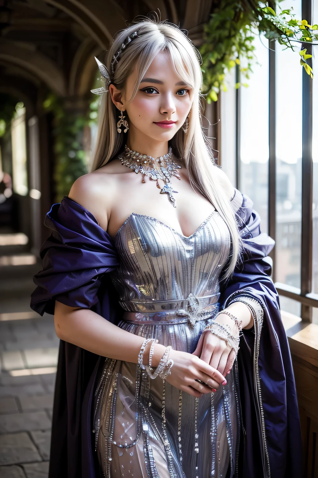 UHD, masterpiece, textured skin, super detailed, high quality, award wining, best quality, en plein air, cinematic lighting, silver hair, feather hair ornament, purple eyes, earrings, light smile, high