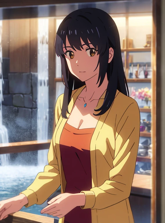 shinkai makoto, kimi no na wa., 1girl, bangs, black hair, brown eyes, waterfall braid, red ribbon, long hair, long sleeve light yellow cardigan, open shirt, yellow shirt, cleavage, breast, medium breast, Orange shirt,wearing name tag, looking at the viewer, indoors, jewelry products, jewelry shop,masterpiece, perfect anatomy, cowboyshot