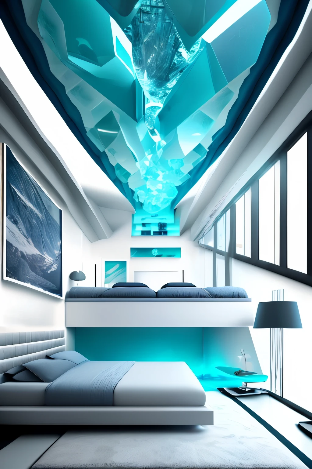 A rectangular glacier-themed room with a bed,With elements of glacier crystal,super nice details,High-quality detailed rendering,Futuristic details,Advanced sense of technological future,Glacier themed ceiling,Futuristic room,