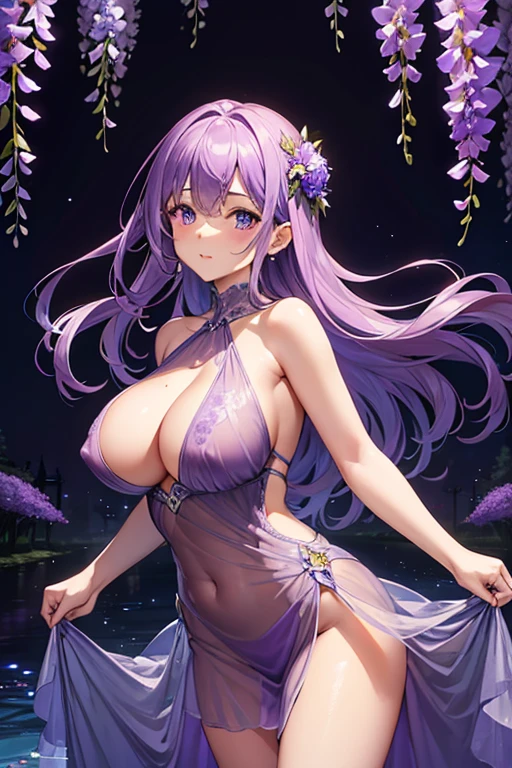 {{{{masterpiece}}}}, {{{super detailed}}}, {{{High resolution}}}, {{excellent anatomy}}, (((highest quality))), ((very delicate and beautiful)), {{very detailed and delicate}}, {8k cg wallpaper},((detailed background))One female、best style、beautiful woman、The most beautiful woman in the world、Purple flowers are blooming on the purple lake surface, soft purple glow, Purple light, (purple wisteria forest), Dynamic lighting for the wisteria season, art, shining purple, Purple petals are dancing everywhere、 The blossoming path to heaven, purple glow、Purple water、purple reflective water surface、purple light、(Sexy sheer dress:1.5),((big breasts))、show through、waterside and wisteria、Sheer skin、shape of nipple