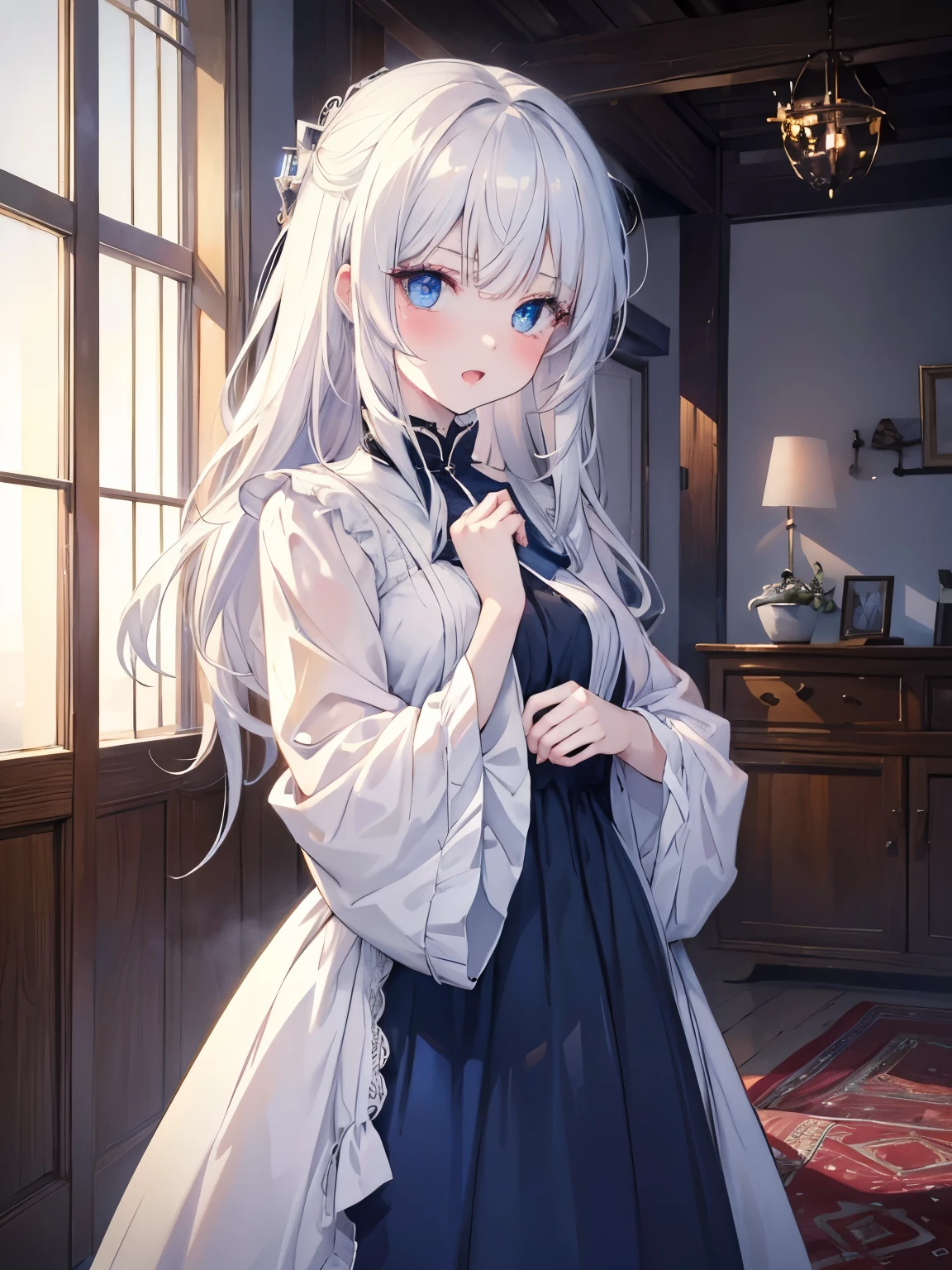 masutepiece, Highest Quality, (Perfect face:1.1), (high detailing:1.1), (ultradetailed eyes), Dramatic, superfine illustration, Extremely detailed, 1girl in,teenager, (pale skin), long white hair, Ethereal eyes, Blue eyes,blush,Solo,Smile, Happy, Laugh, Enjoy, Open mouth, Pouty lips,Cinematic lighting, Looking at Viewer,Cowboy Shot,Long sleeve,Blue Princess dress,indoor