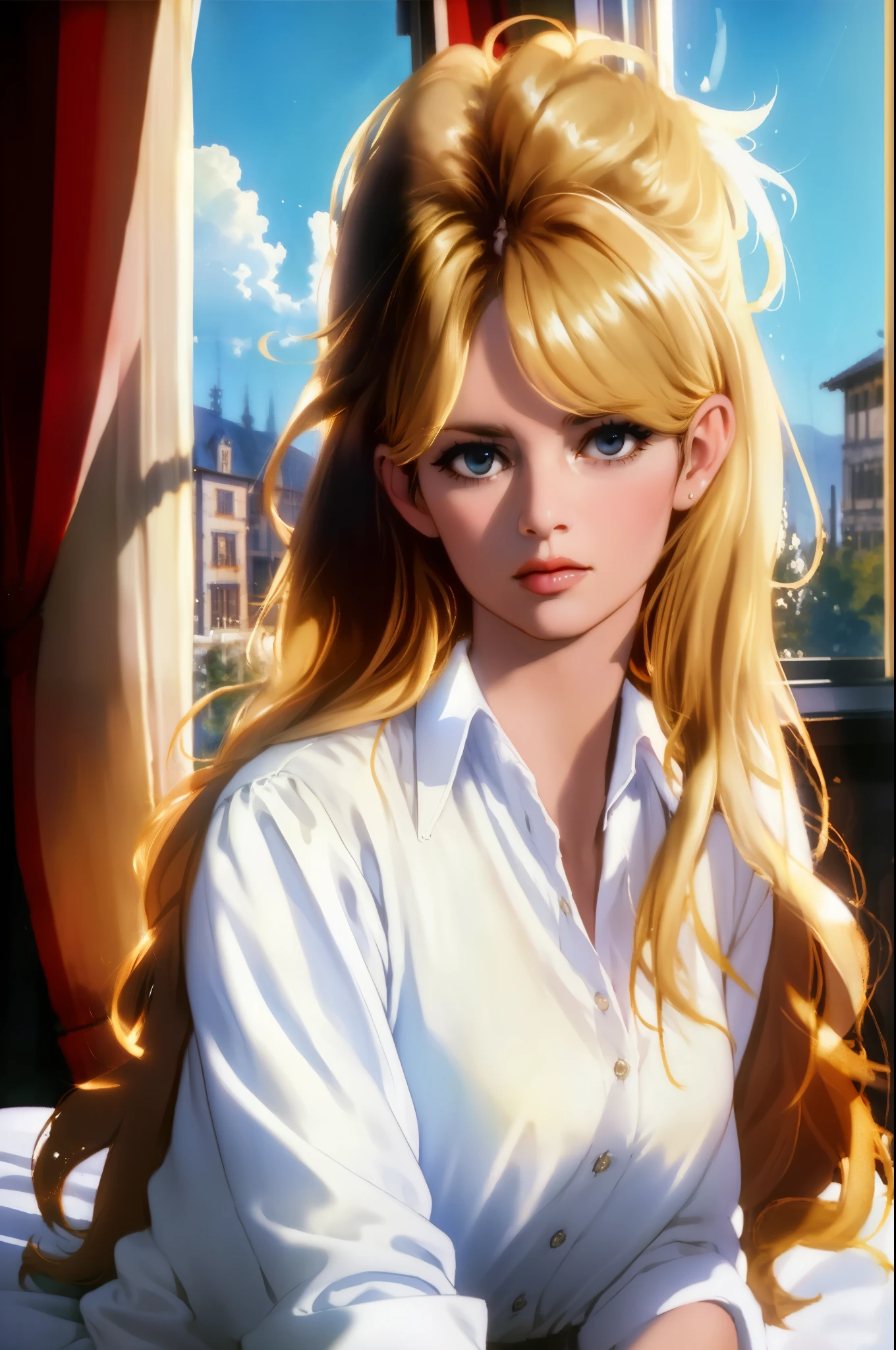 a Realistic Full Portrait of a bbardot woman with long blonde hair and dark eye makeup, Beautiful, Detailed face, Perfect Eyes, (highly detailed skin:1.1), ((wearing a white shirt)), sitting on a bed, window, curtains waving, sunny sky outside the window, (8K, best quality:1.2), (masterpiece:1.37), (photorealistic:1.2), (ultra realistic:1.2), (high contrast:1.1), (intense:1.1), (detailed:1.1), (perfect body:1.1), (dynamic pose:1.1), (highest quality, by Alessandro Casagrande, Greg Rutkowski, Sally Mann, concept art), (analog:1.2), (high sharpness), real shadow, 3d, (by Michelangelo), photographed by Canon EOS R6, 135mm, 1/1250s, f/2.8, ISO 400