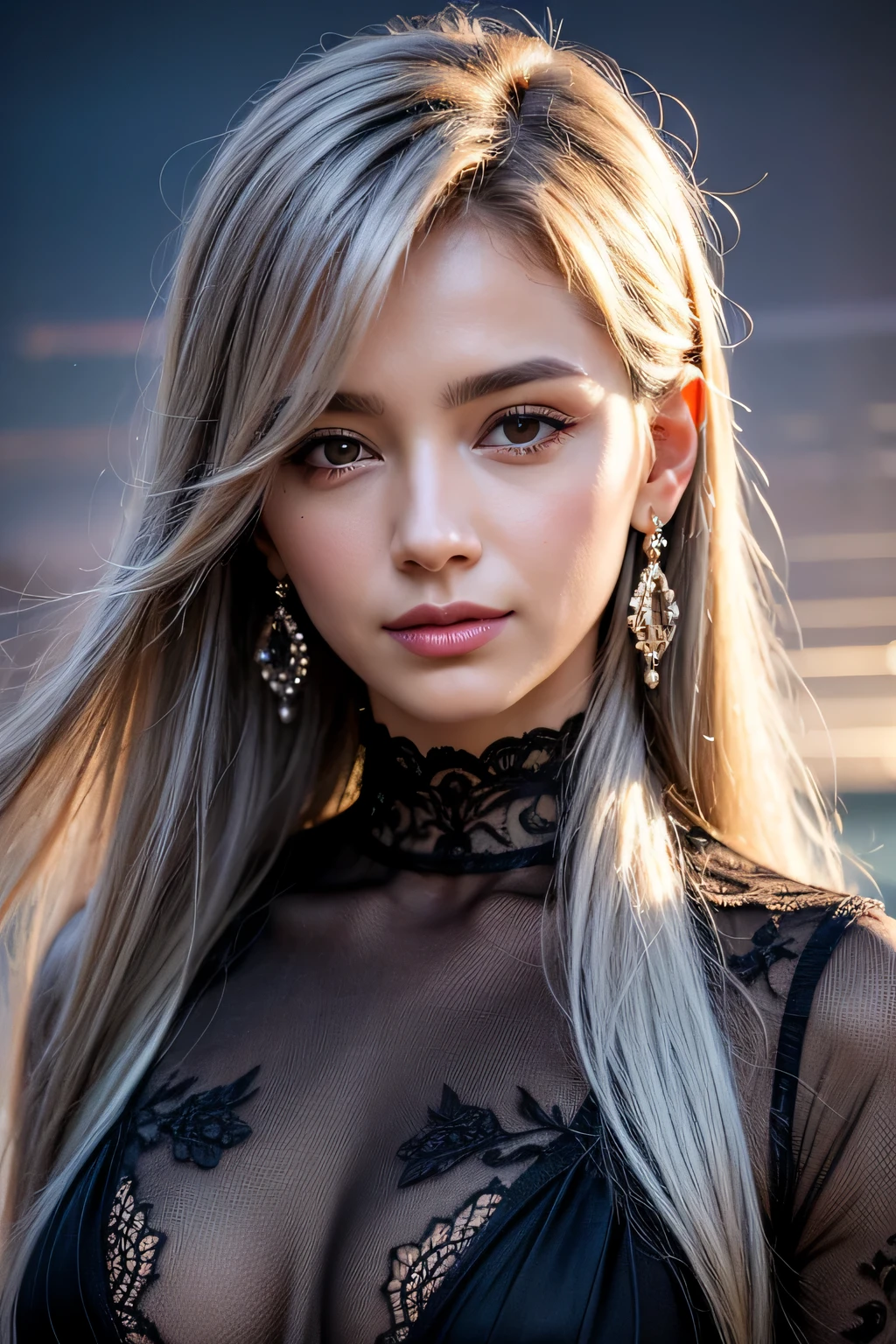 UHD, masterpiece, textured skin, super detailed, high quality, award wining, best quality, en plein air, cinematic lighting, silver hair, feather hair ornament, purple eyes, earrings, light smile